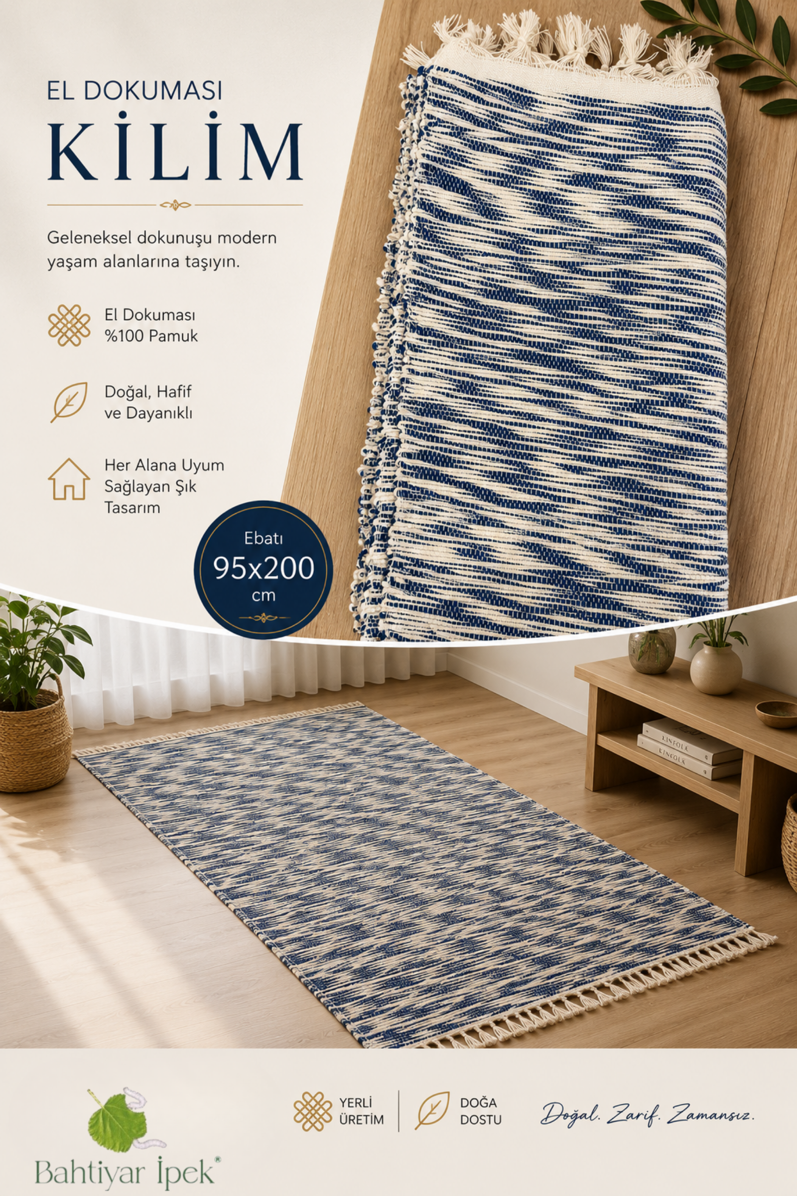 El Dokuma Lacivert Çizgili Kilim  Bahtiyar İpek Kilim