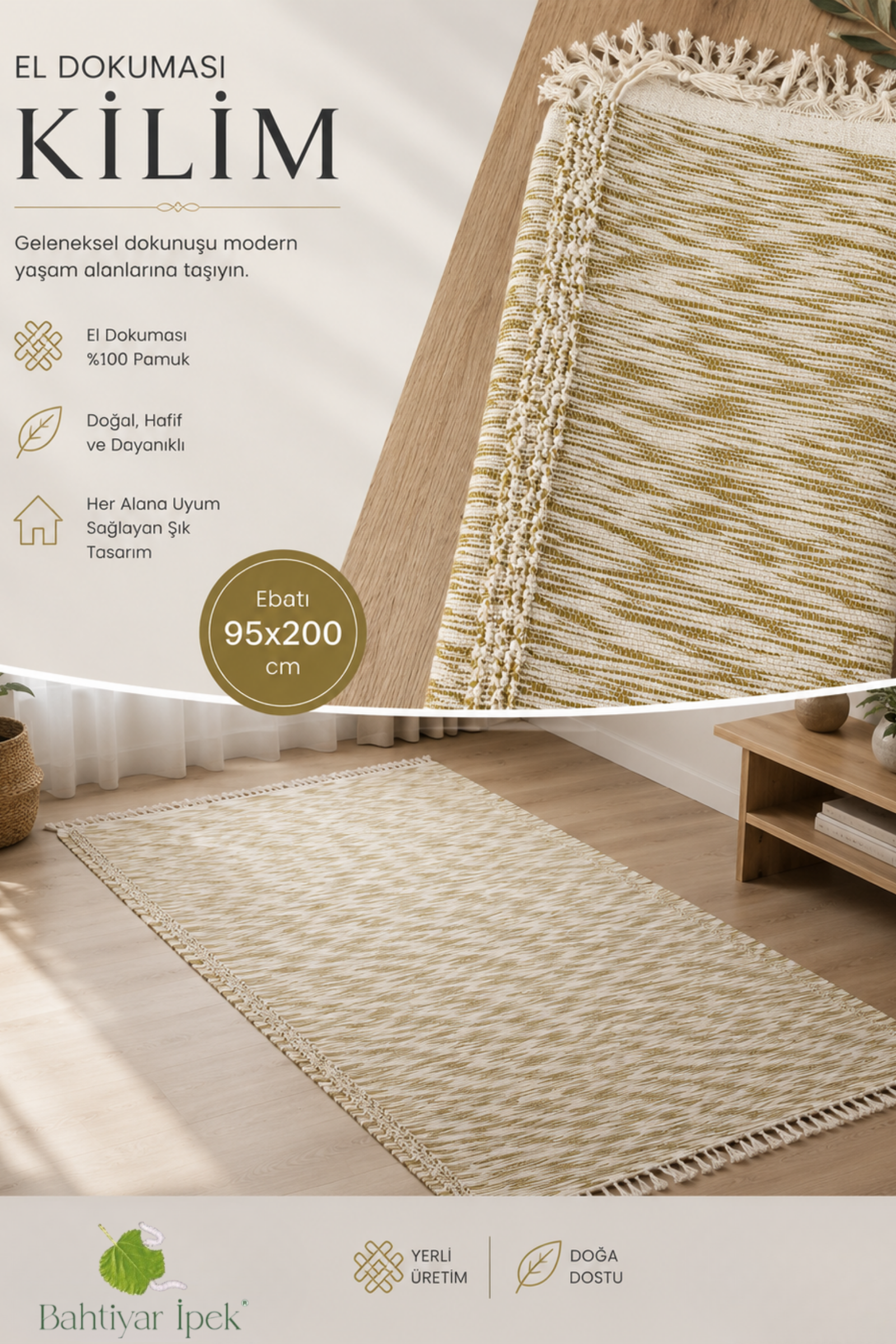 El Dokuma Sarı Çizgili Kilim  Bahtiyar İpek Kilim