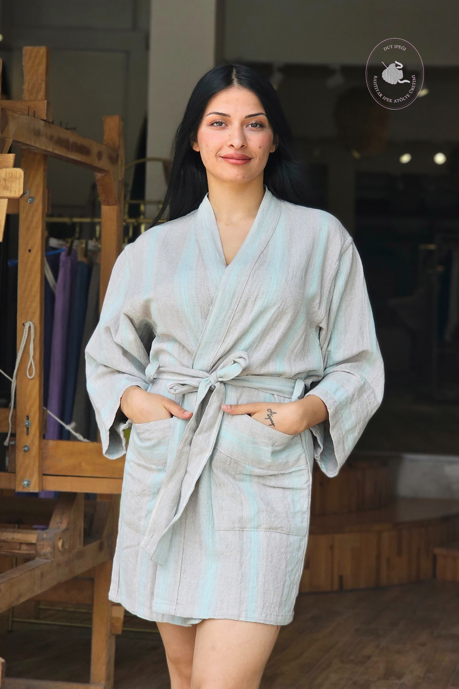 Gri Kalın Su Yeşili Çizgili Pamuk Kimono  Bahtiyar İpek Kimono