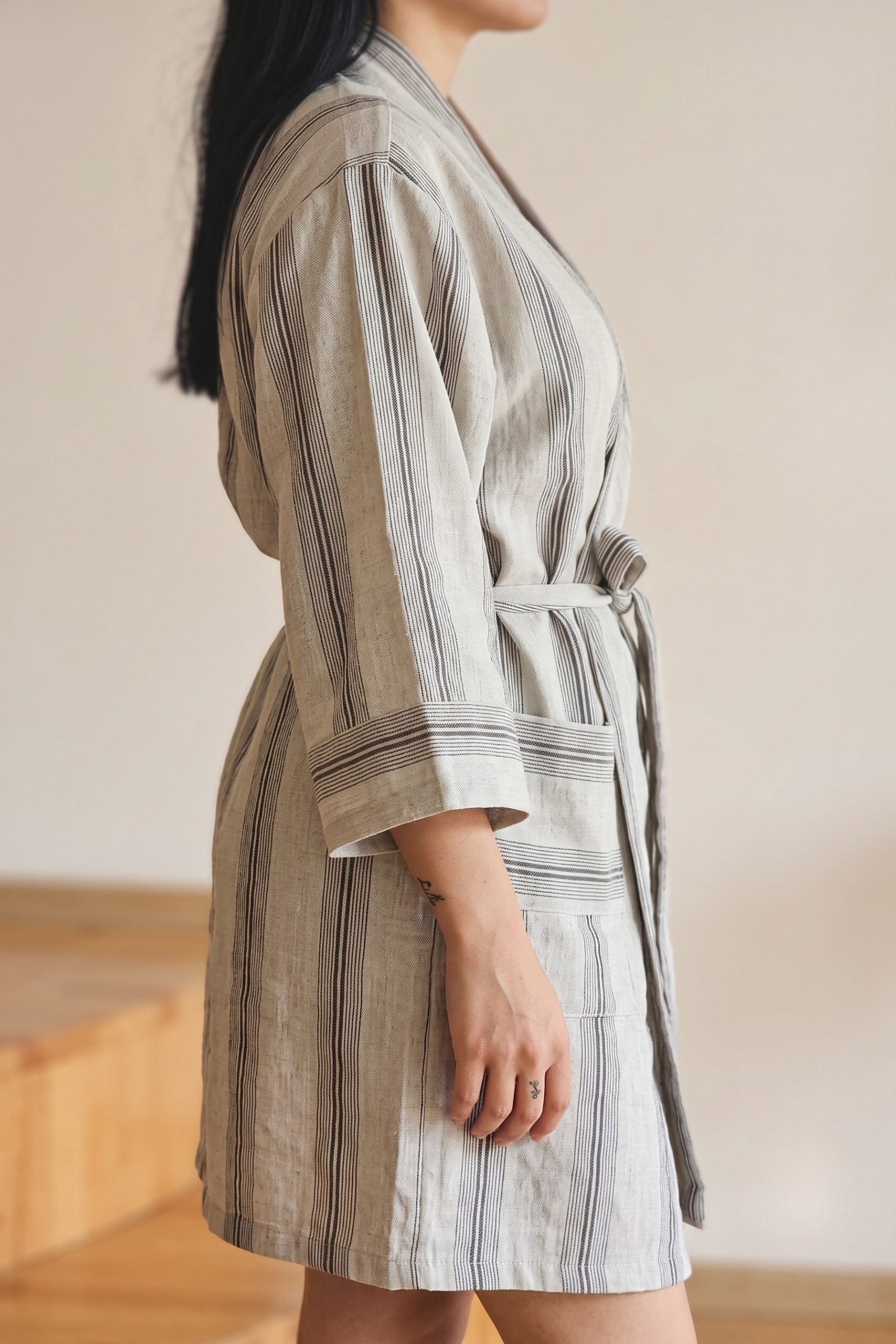 Gri Siyah Çizgili Pamuk Kimono  Bahtiyar İpek Kimono