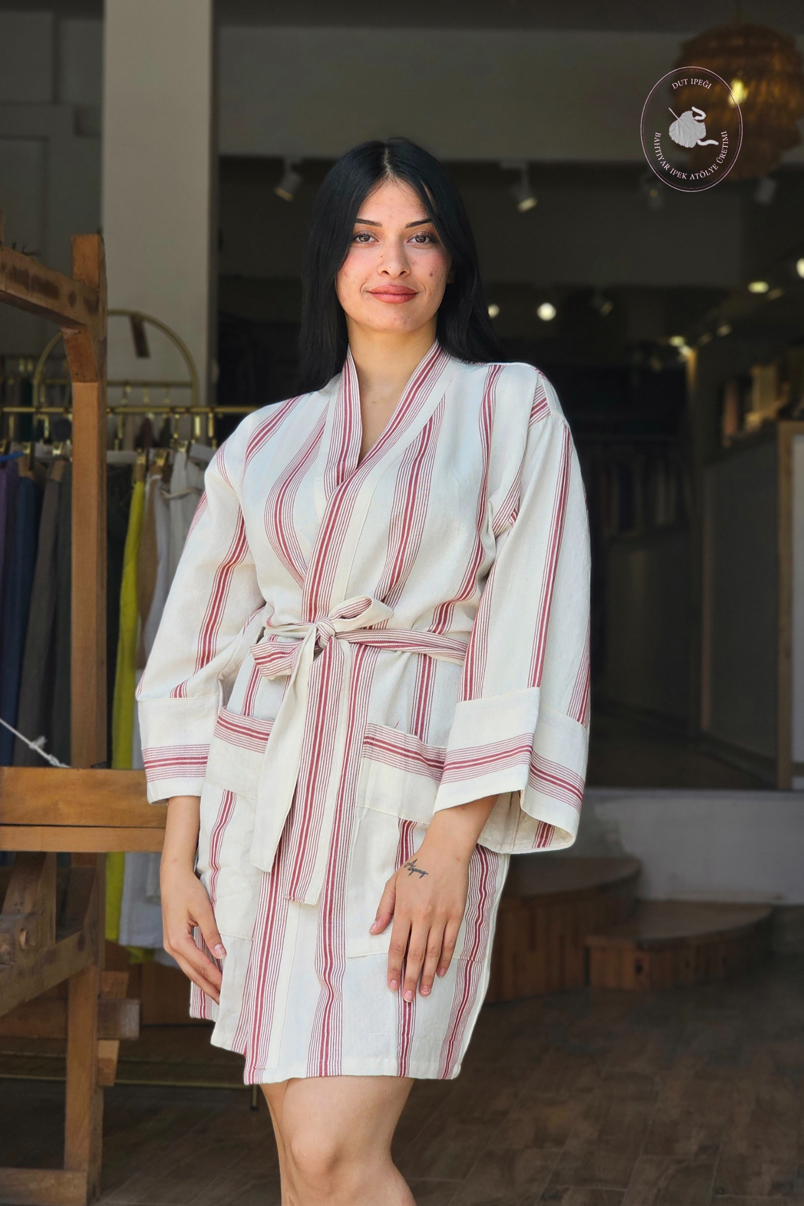 Kırmızı Çizgili Pamuk Kimono  Bahtiyar İpek Kimono