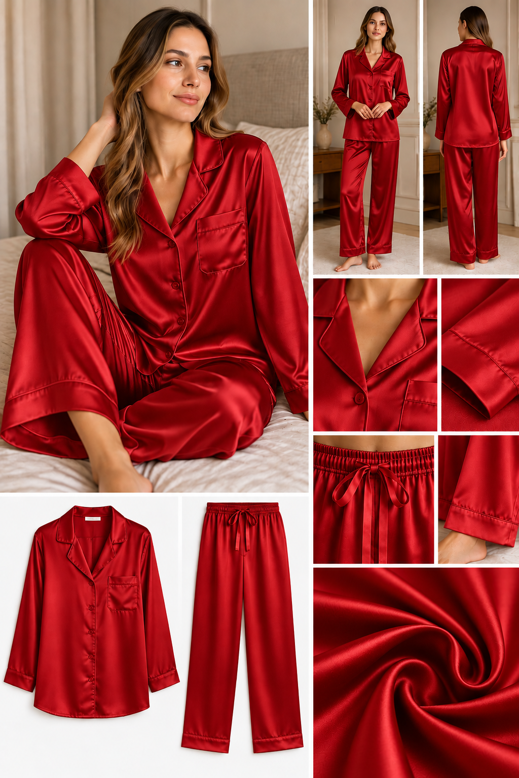 Kırmızı Uzun Kol İpek Pijama Takımı  Bahtiyar İpek İpek Pijama Takımı
