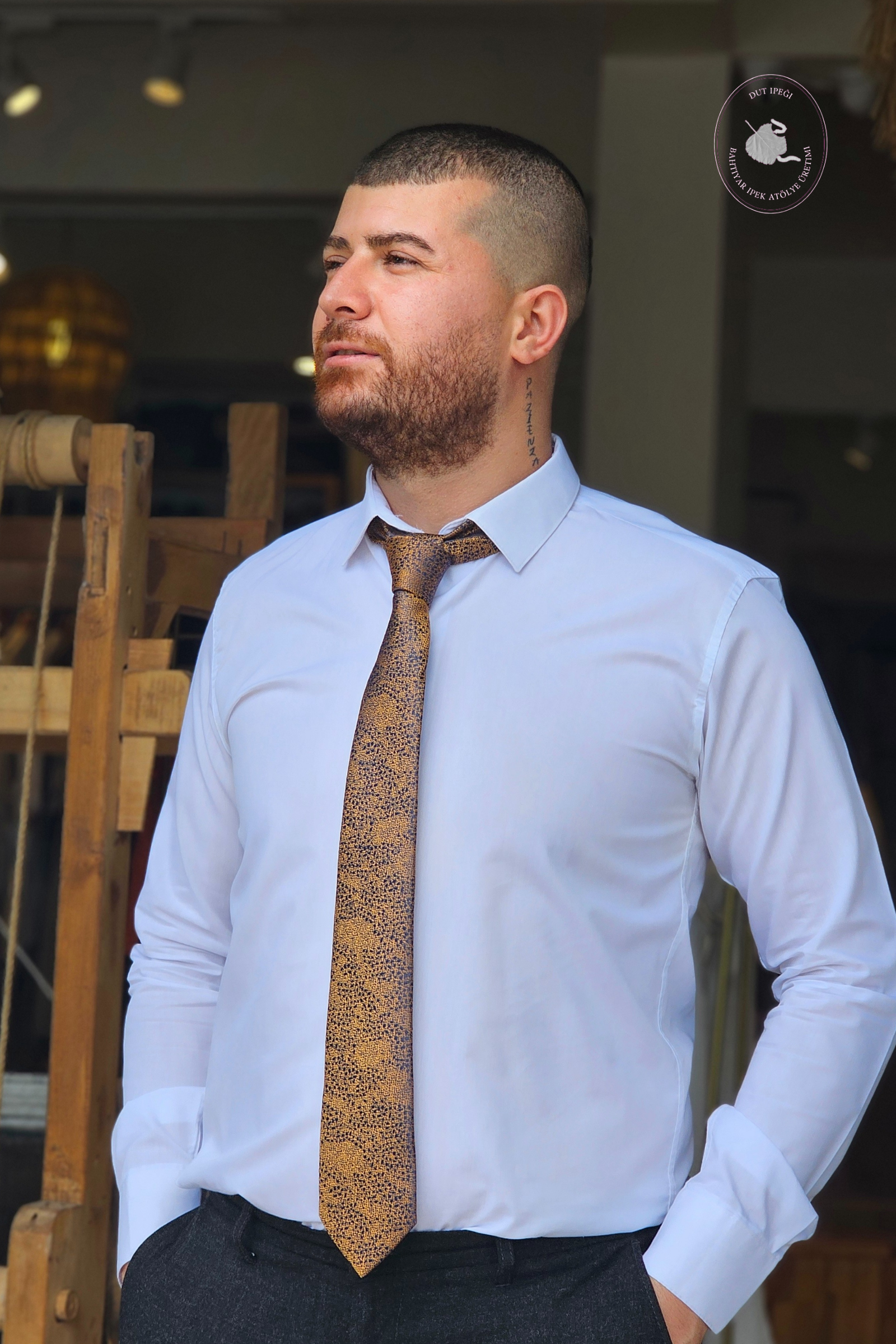 Sarı Mavi Benekli İpek Mendilli Kravat  Bahtiyar İpek Kravat