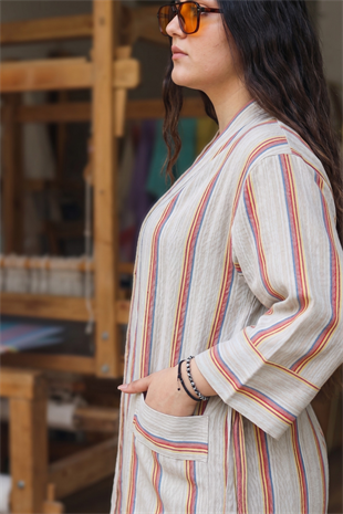 Gri Turuncu Kırmızı Çizgili Pamuk Kimono  Bahtiyar İpek Kimono