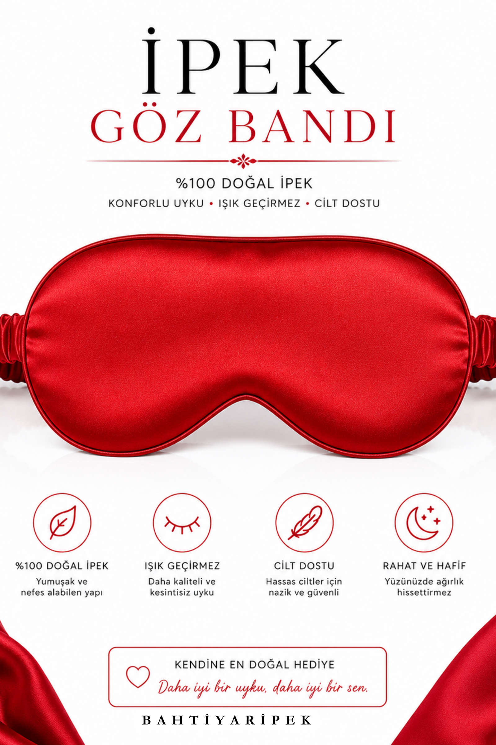 %100 İpek Kırmızı Göz Bandı  Bahtiyar İpek İpek Göz Bandı