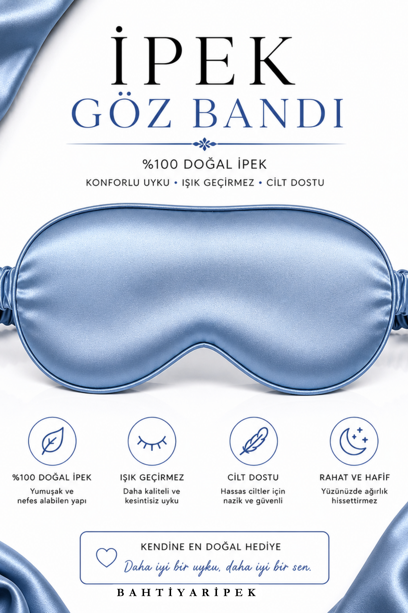 %100 İpek Sax Mavi Göz Bandı  Bahtiyar İpek İpek Göz Bandı