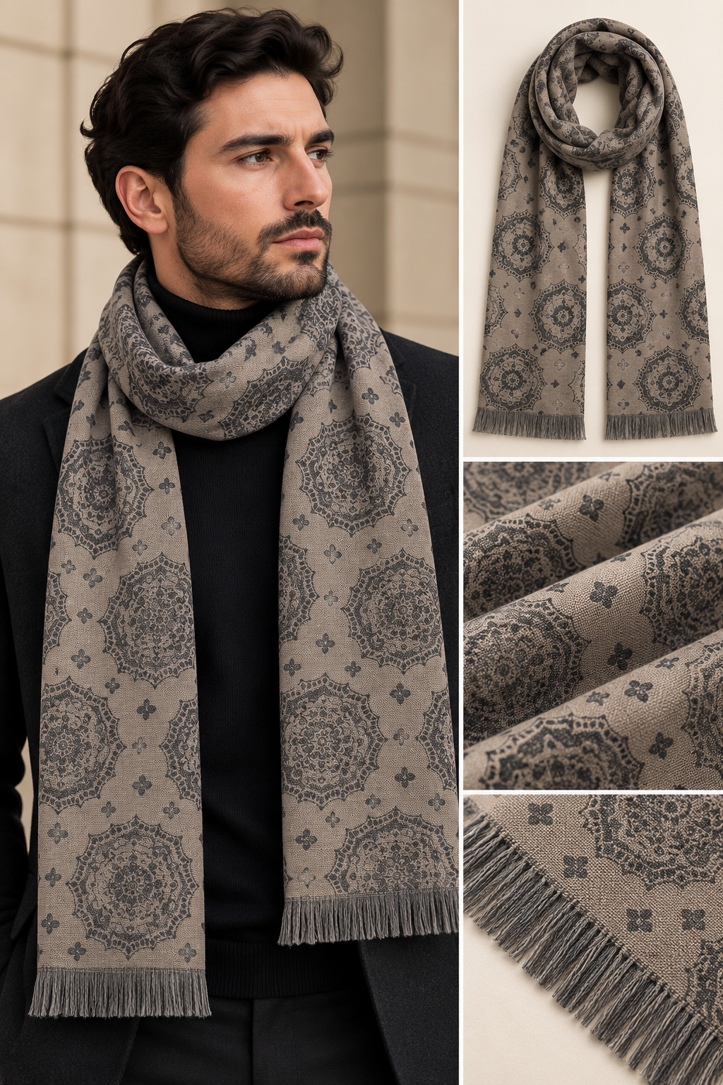 Açık Kahve Mandala Desen Kaşmir Kaşkol  Bahtiyar İpek Kaşkol