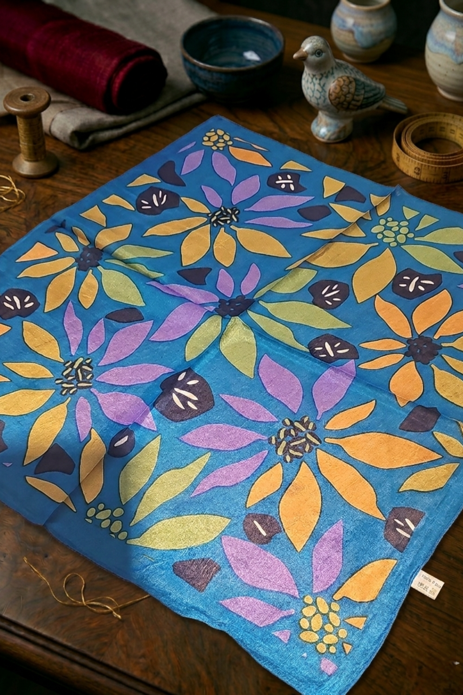 Açık Mavi Çiçek Desenli İpek Mendil  Bahtiyar İpek İpek Mendil