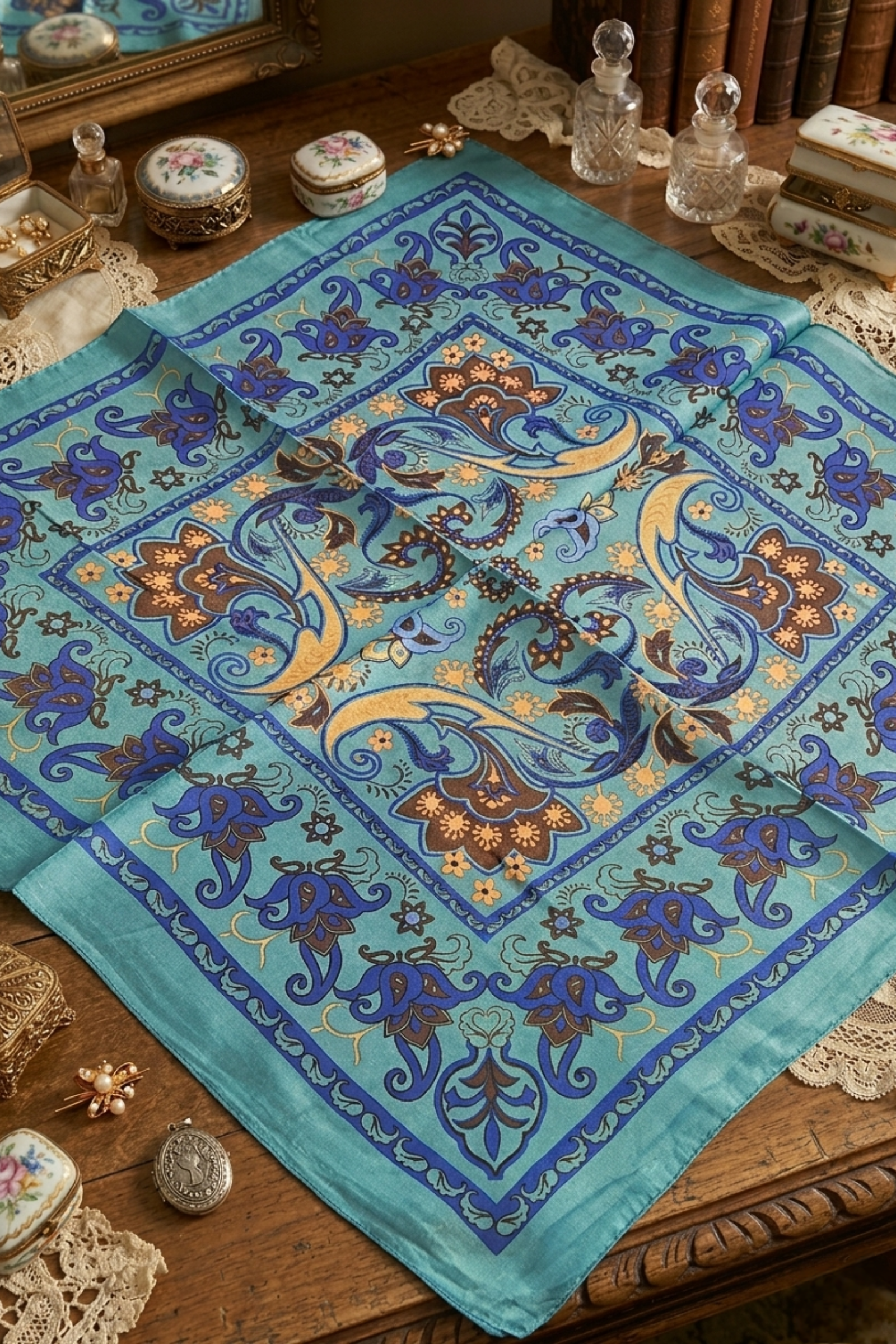 Açık Mavi Rumi Desen İpek Mendil  Bahtiyar İpek İpek Mendil