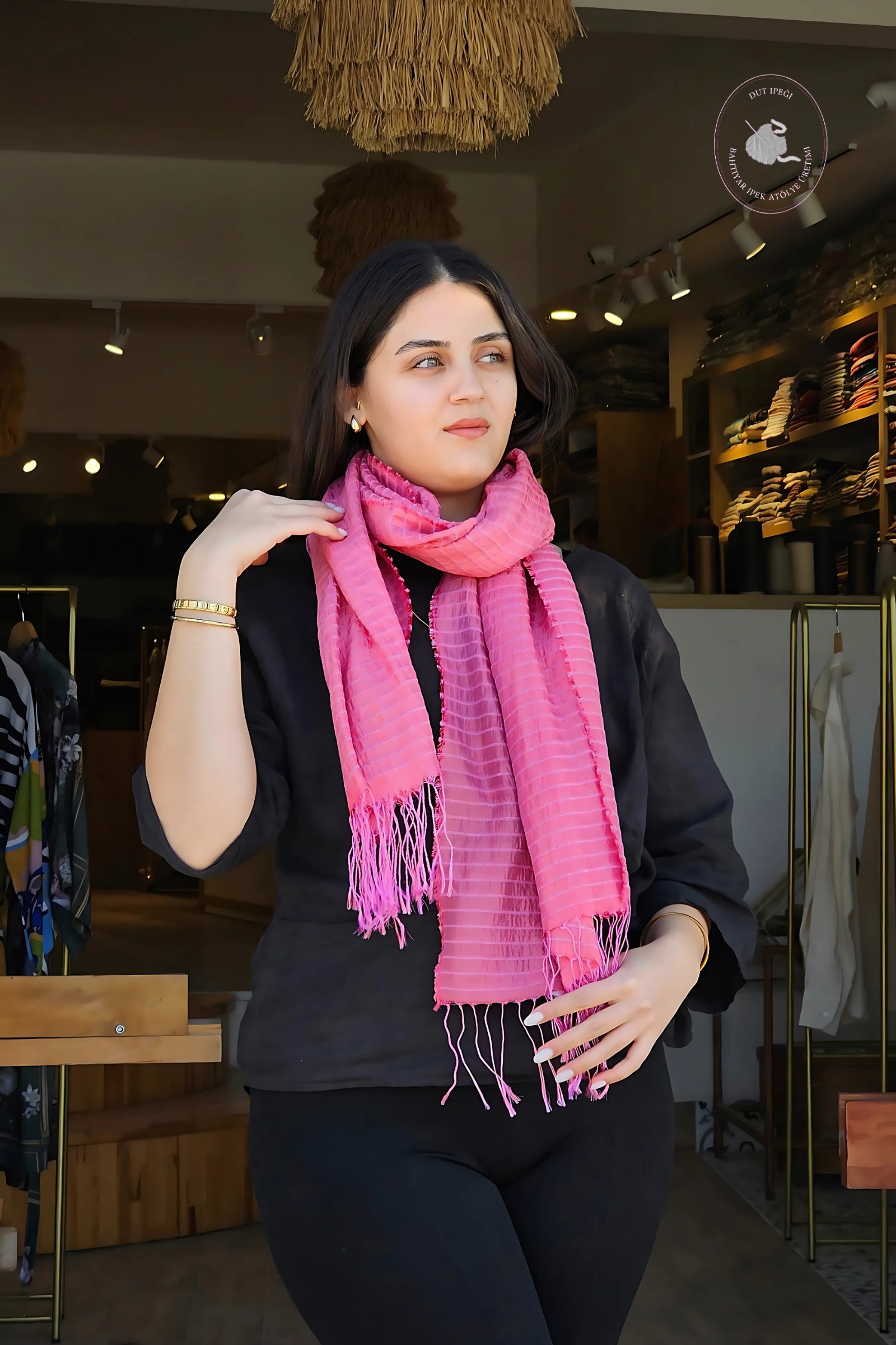 Açık Pembe Çizgili Dokuma İpek Şal  Bahtiyar İpek Şal