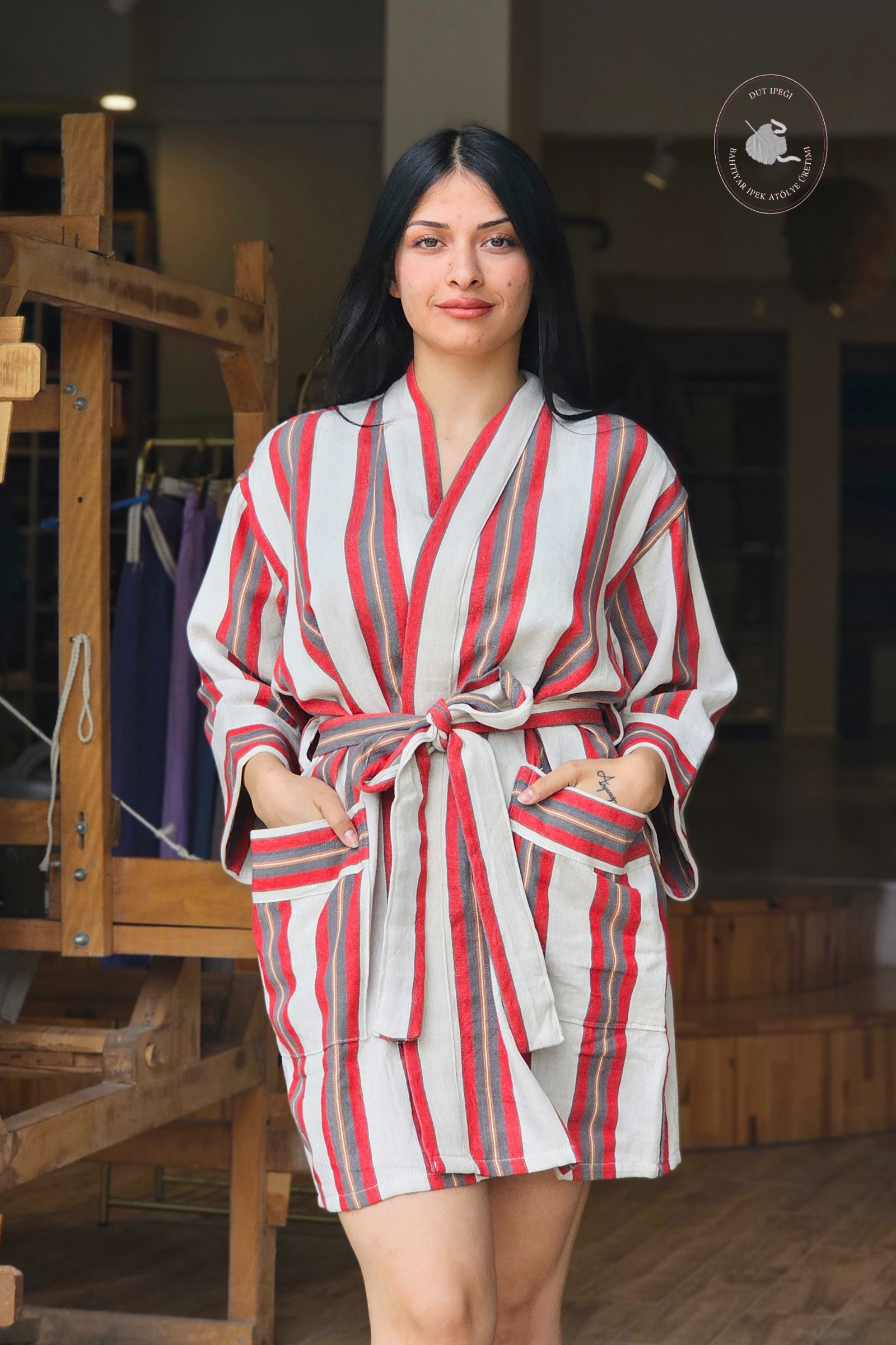 Beyaz Kalın Bordo Çizgili Pamuk Kimono  Bahtiyar İpek Kimono