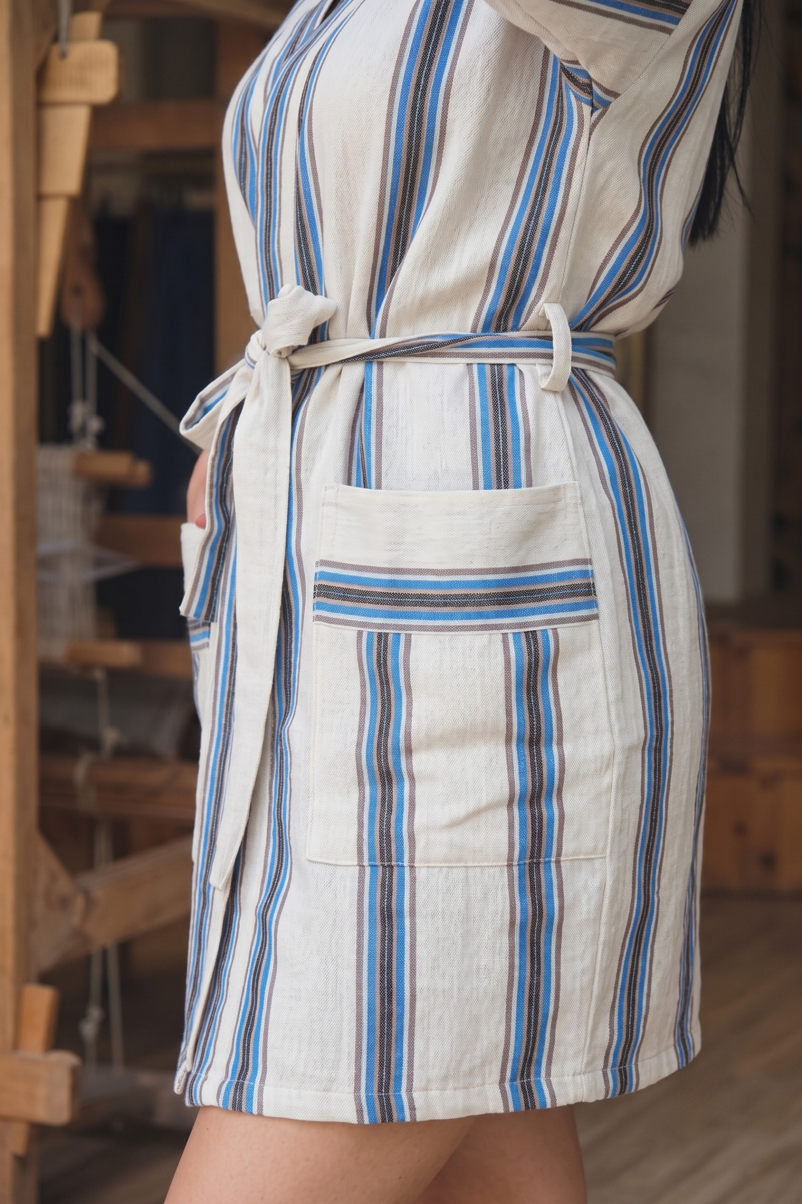 Beyaz Mavi Siyah Çizgili Pamuk Kimono  Bahtiyar İpek Kimono