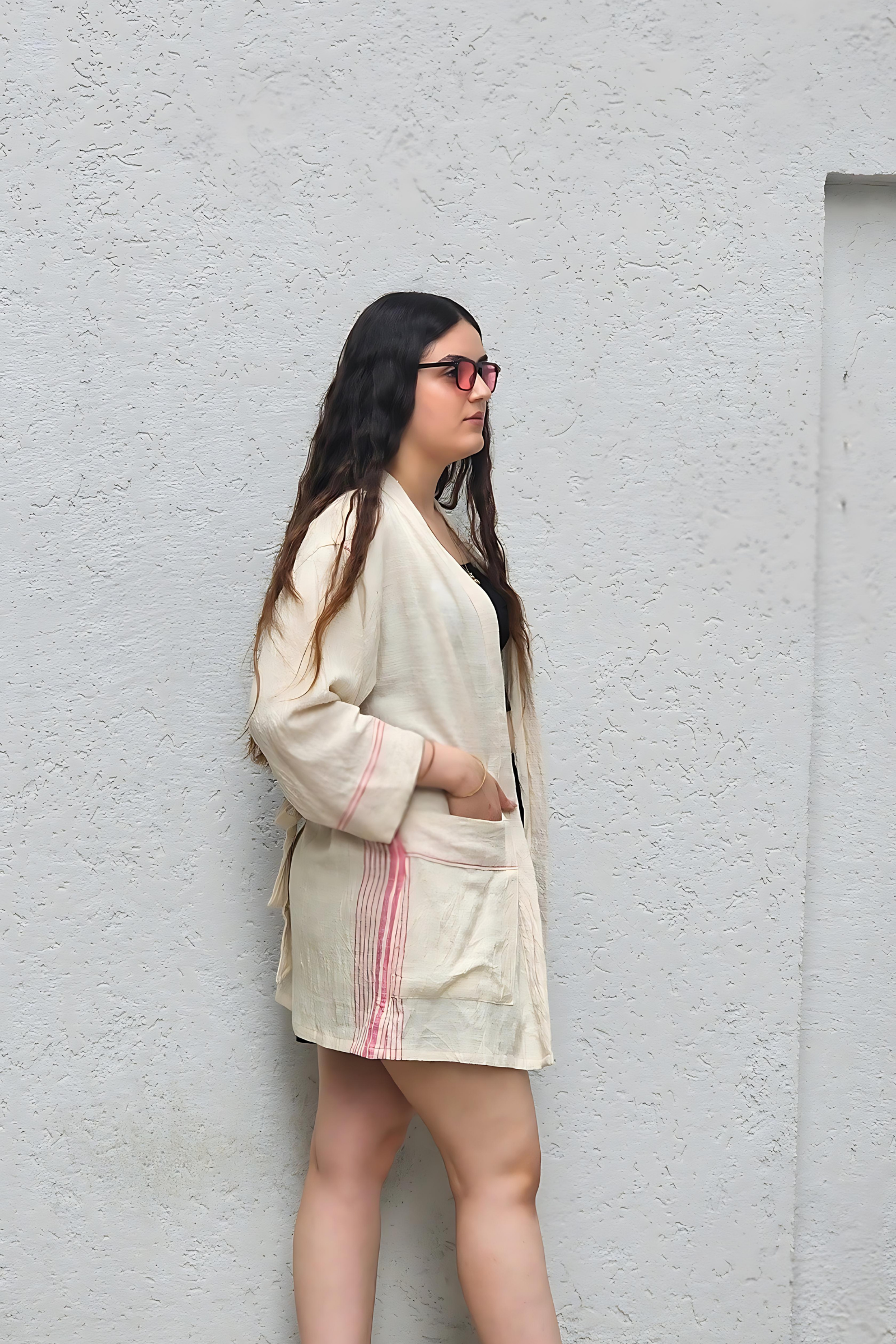 Beyaz Pembe Çizgili Keten Kimono  Bahtiyar İpek Kimono