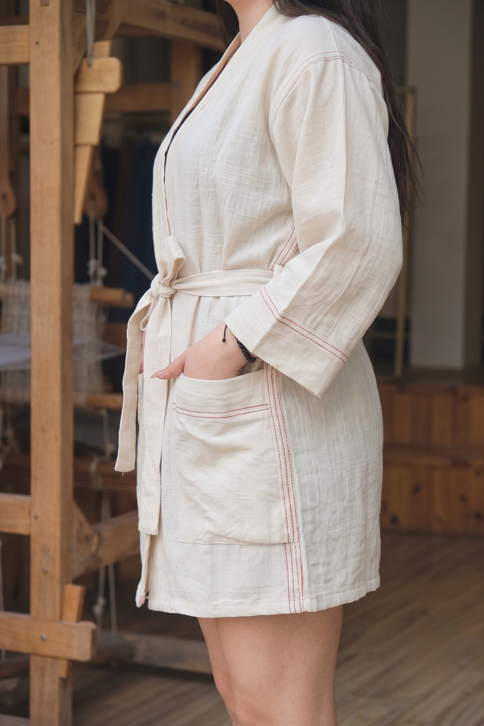 Beyaz Pembe Çizgili Keten Kimono  Bahtiyar İpek Kimono