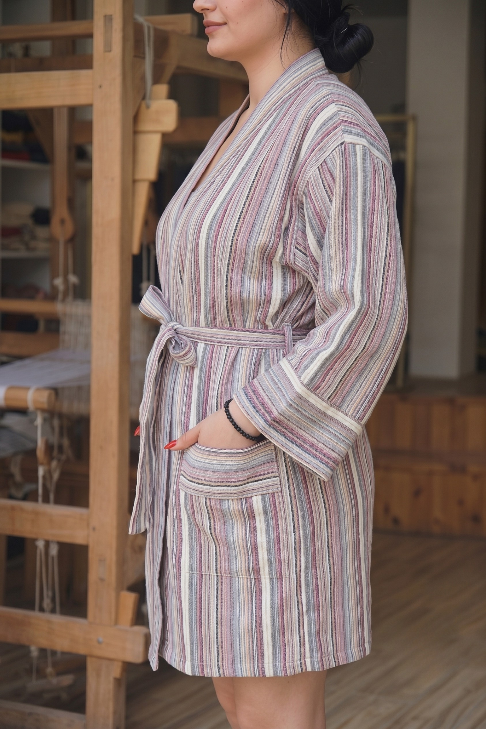 Bordo Beyaz Çizgili Keten Kimono  Bahtiyar İpek Kimono