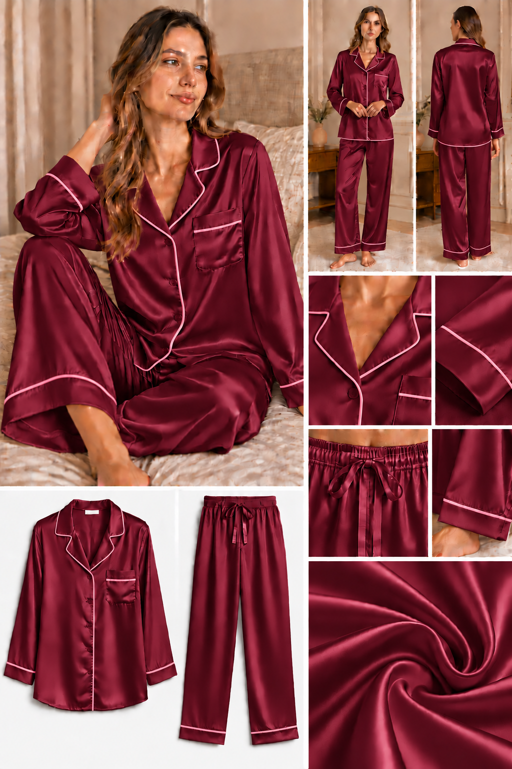 Bordo Pembe Biyeli Uzun Kol İpek Pijama Takımı  Bahtiyar İpek İpek Pijama Takımı