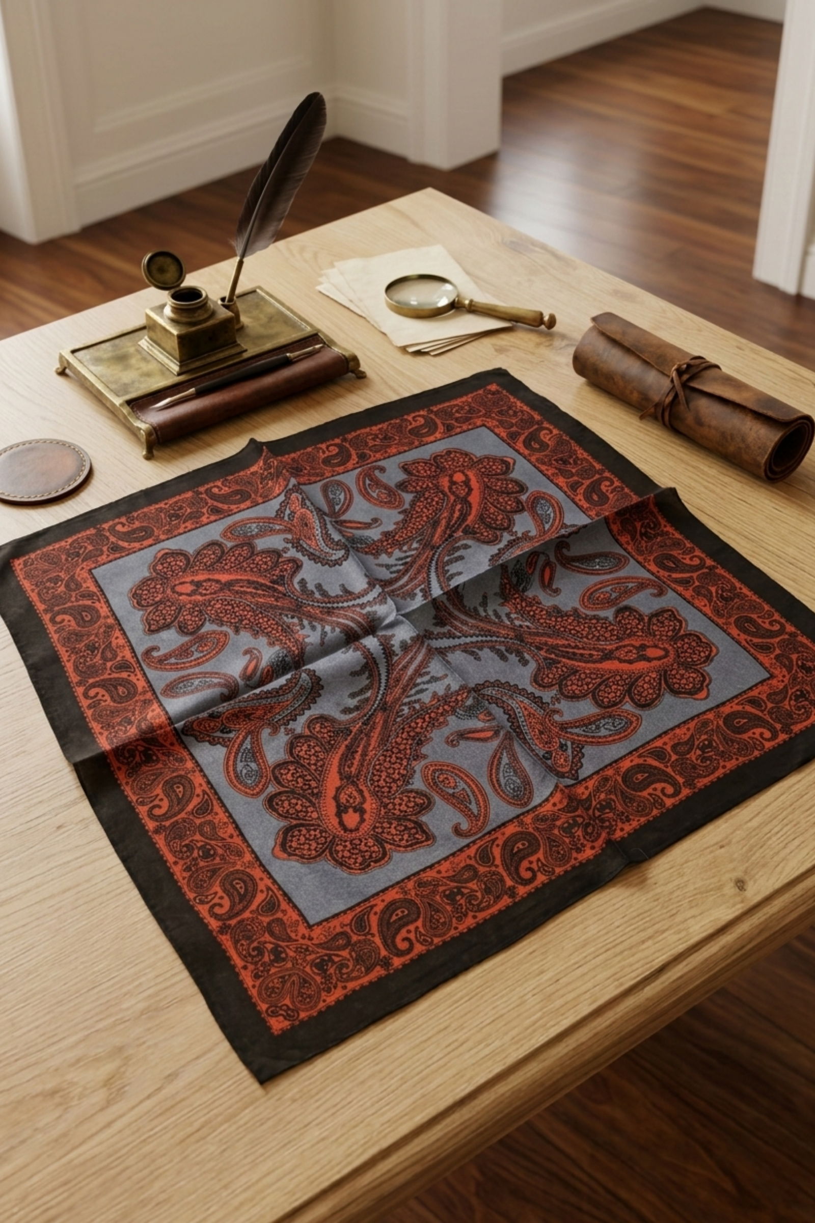 Bordo Siyah Paisley Desen İpek Mendil  Bahtiyar İpek İpek Mendil