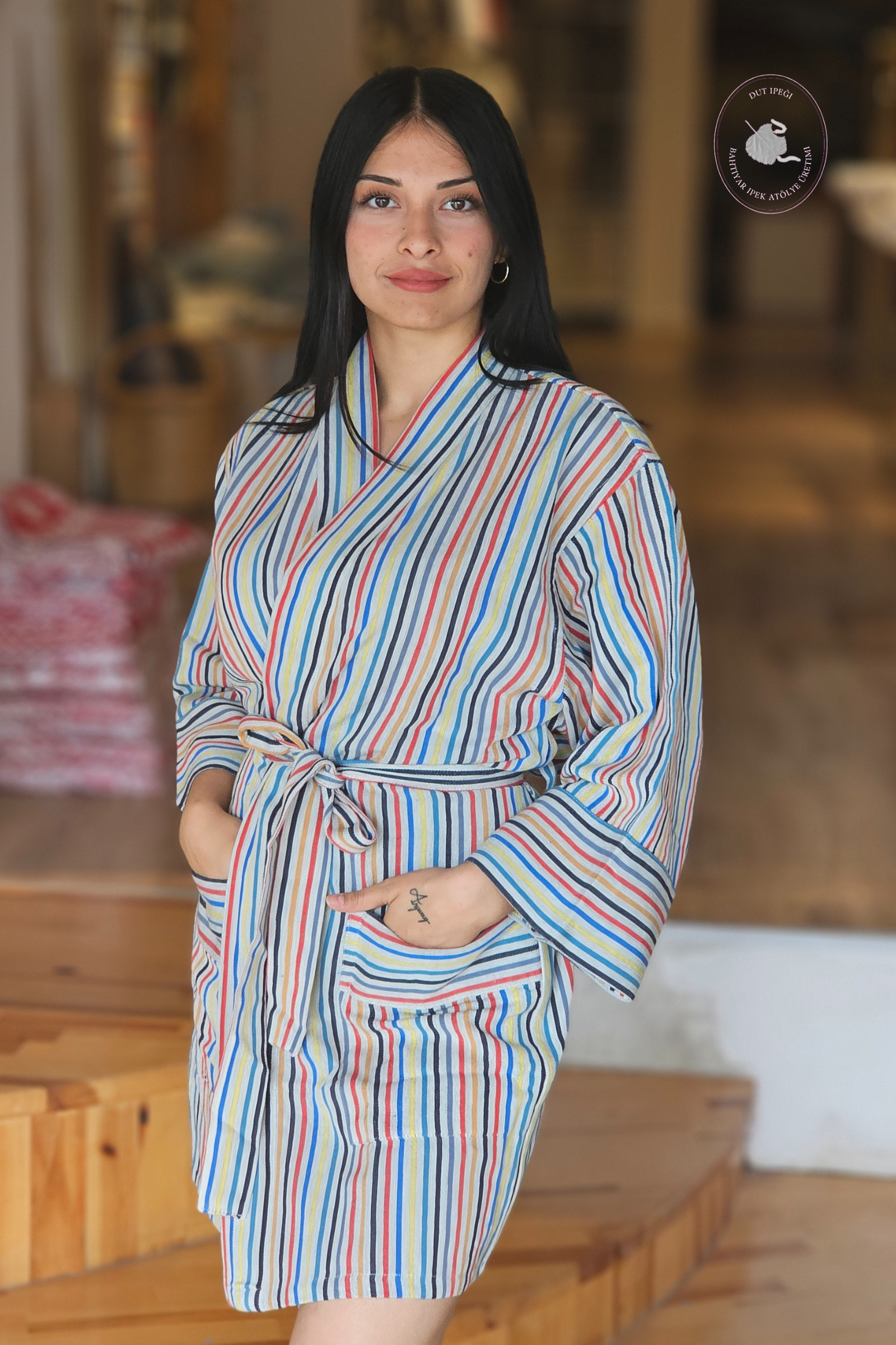 Çok Renkli Çizgili Pamuk Kimono  Bahtiyar İpek Kimono