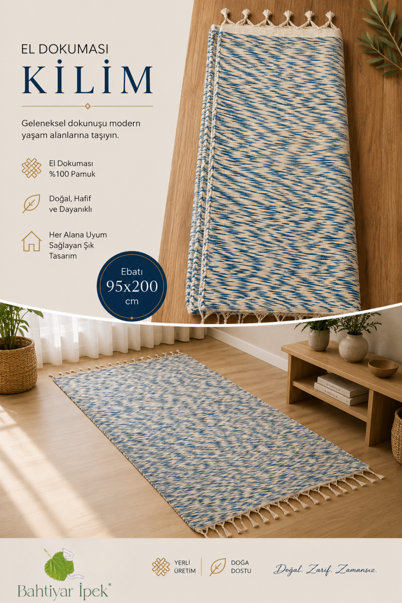 El Dokuma Mavi Çizgili Kilim  Bahtiyar İpek Kilim