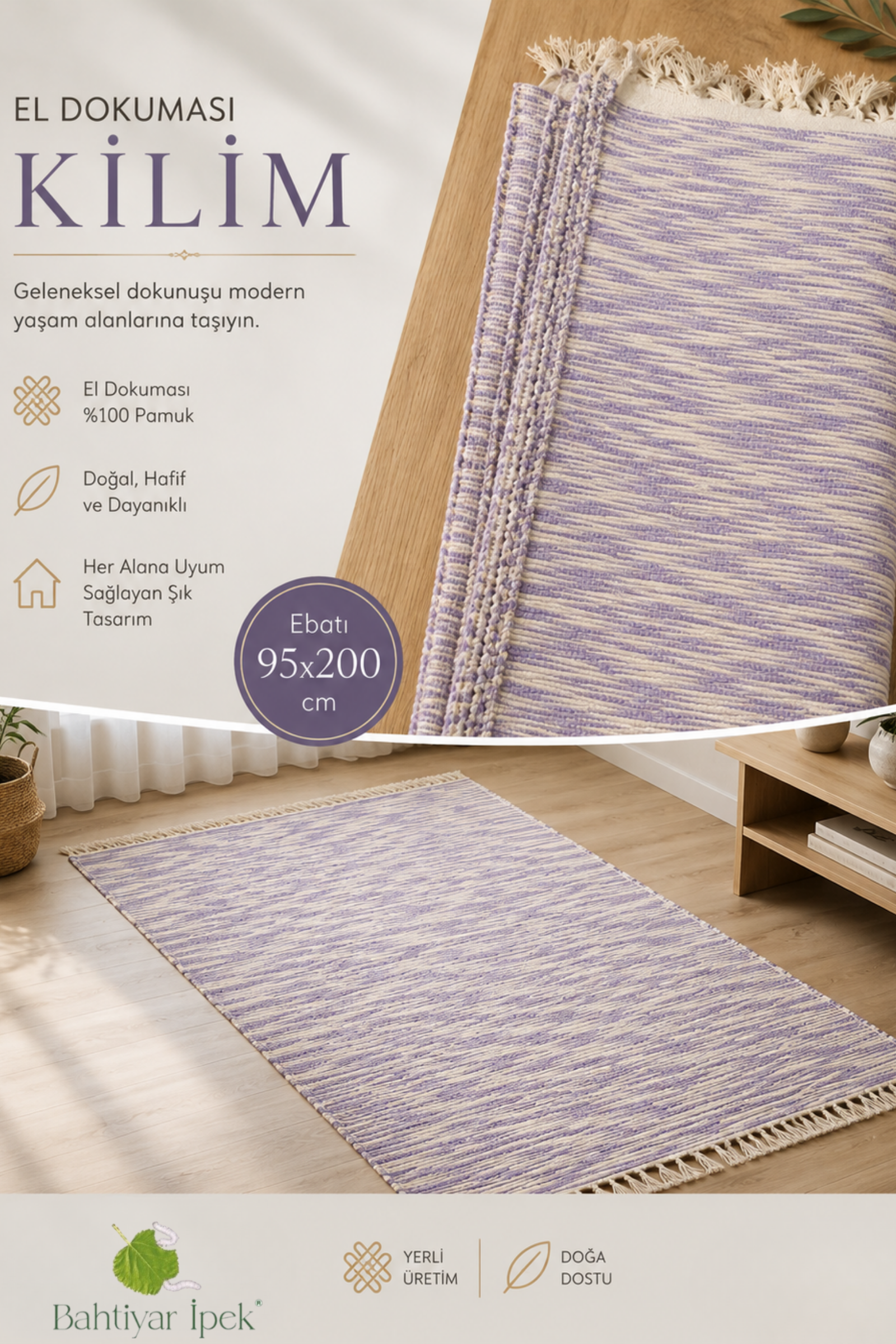 El Dokuma Pembe Çizgili Kilim  Bahtiyar İpek Kilim