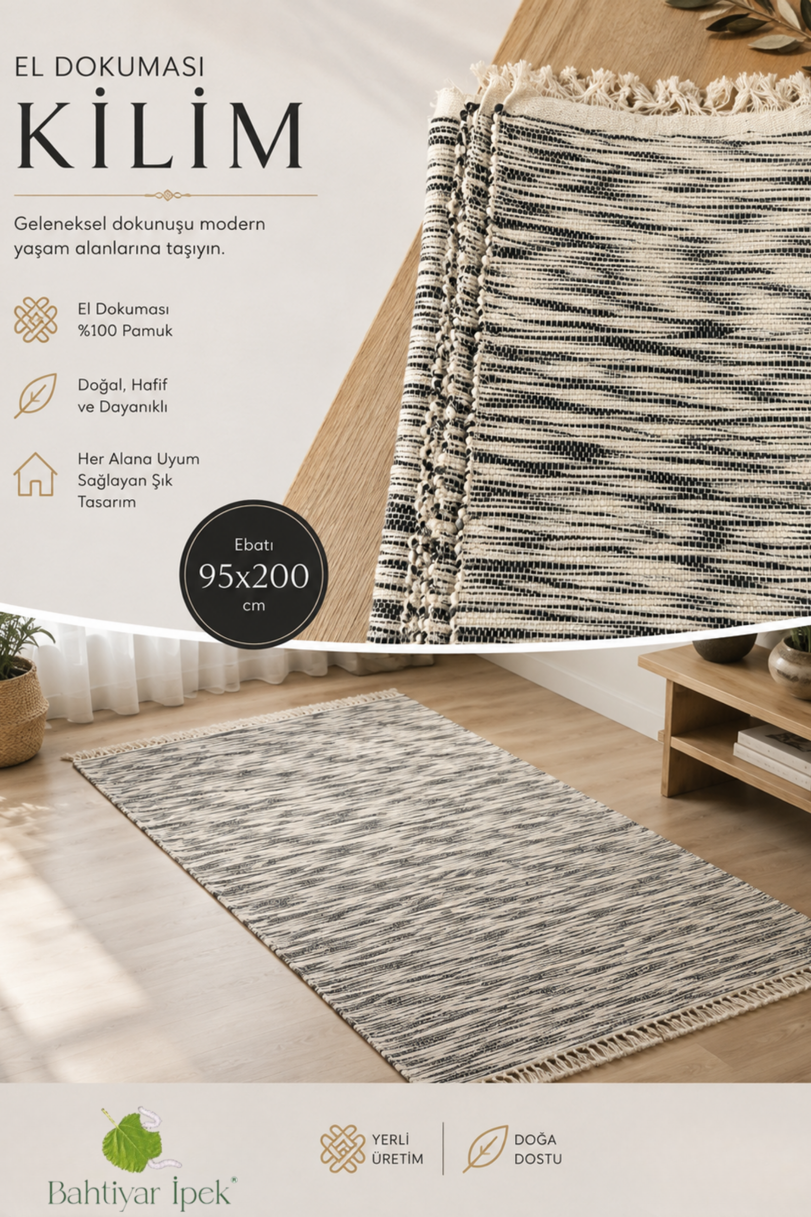 El Dokuma Siyah Çizgili Kilim  Bahtiyar İpek Kilim