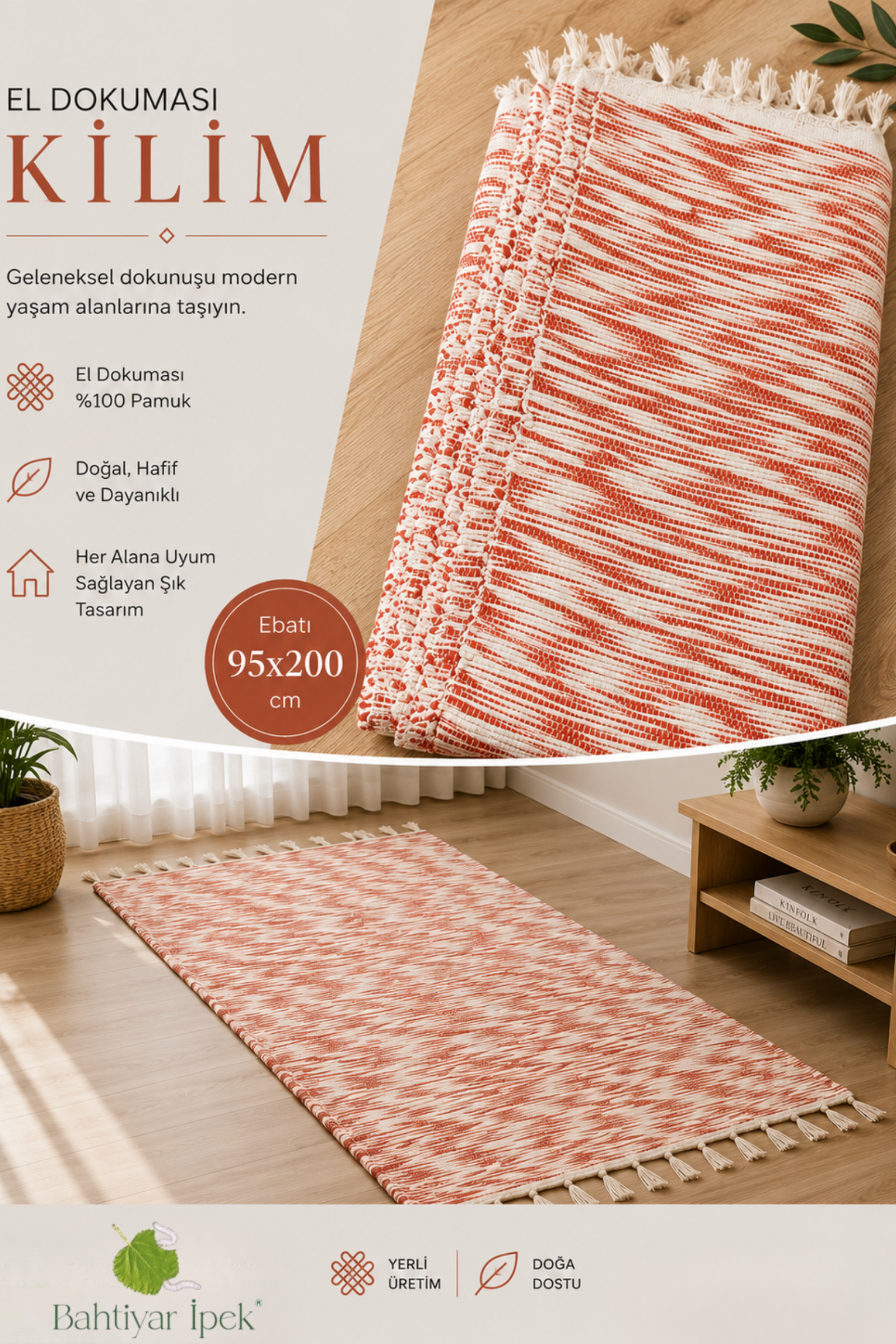 El Dokuma Turuncu Çizgili Kilim  Bahtiyar İpek Kilim