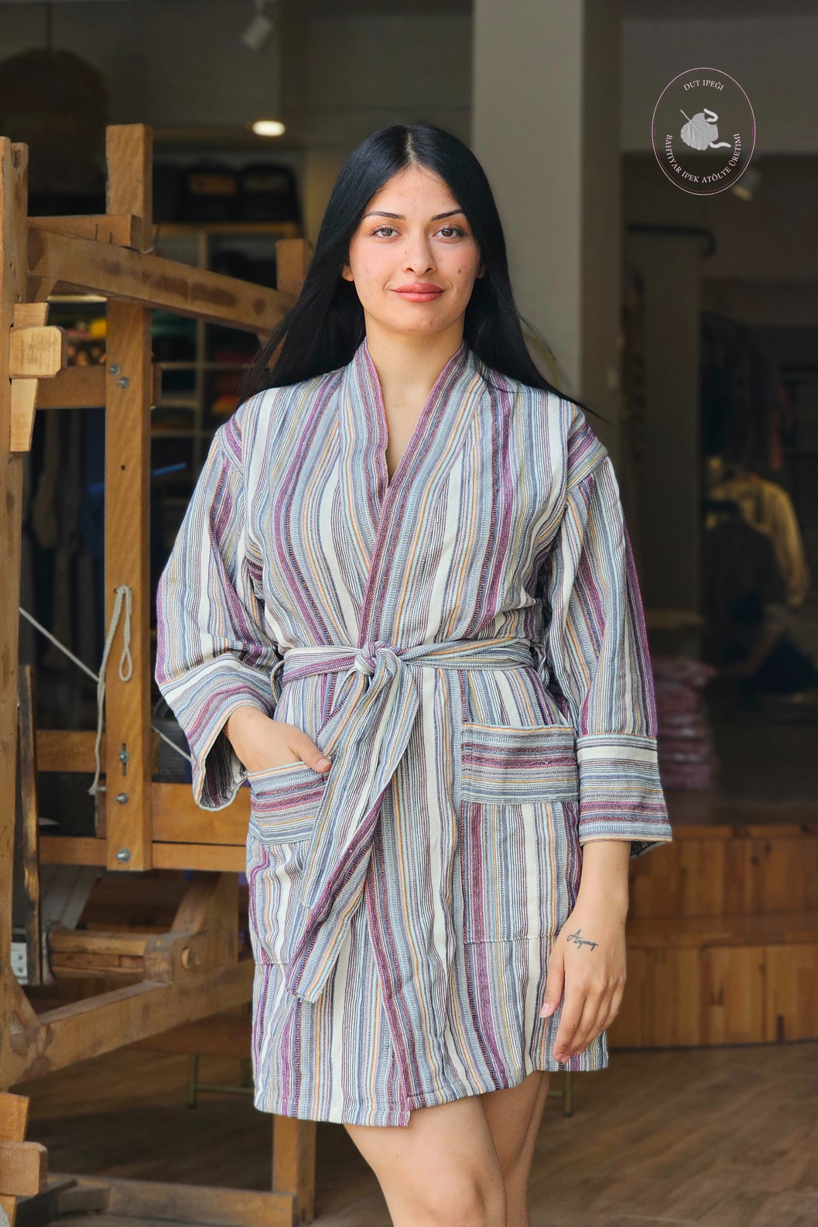 Gri Bordo Çizgili Keten Kimono  Bahtiyar İpek Kimono
