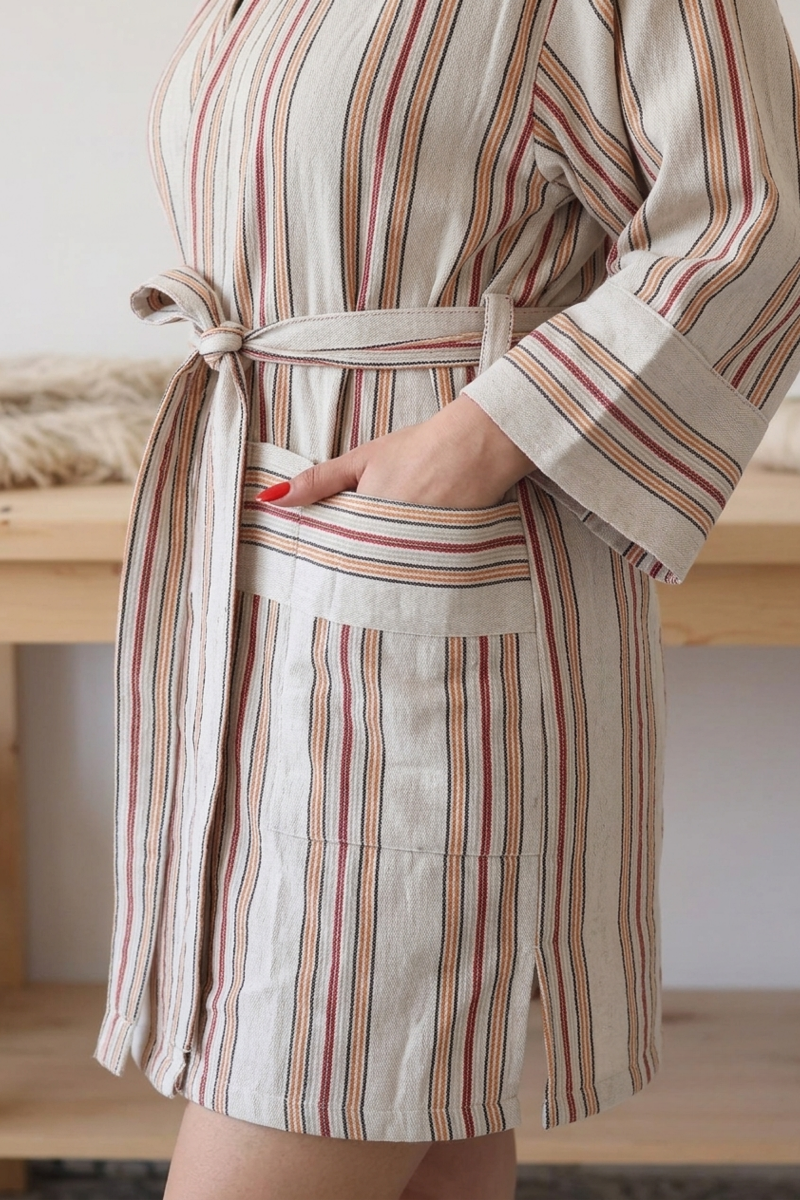 Gri Kalın Kahverengi Çizgili Pamuk Kimono  Bahtiyar İpek Kimono