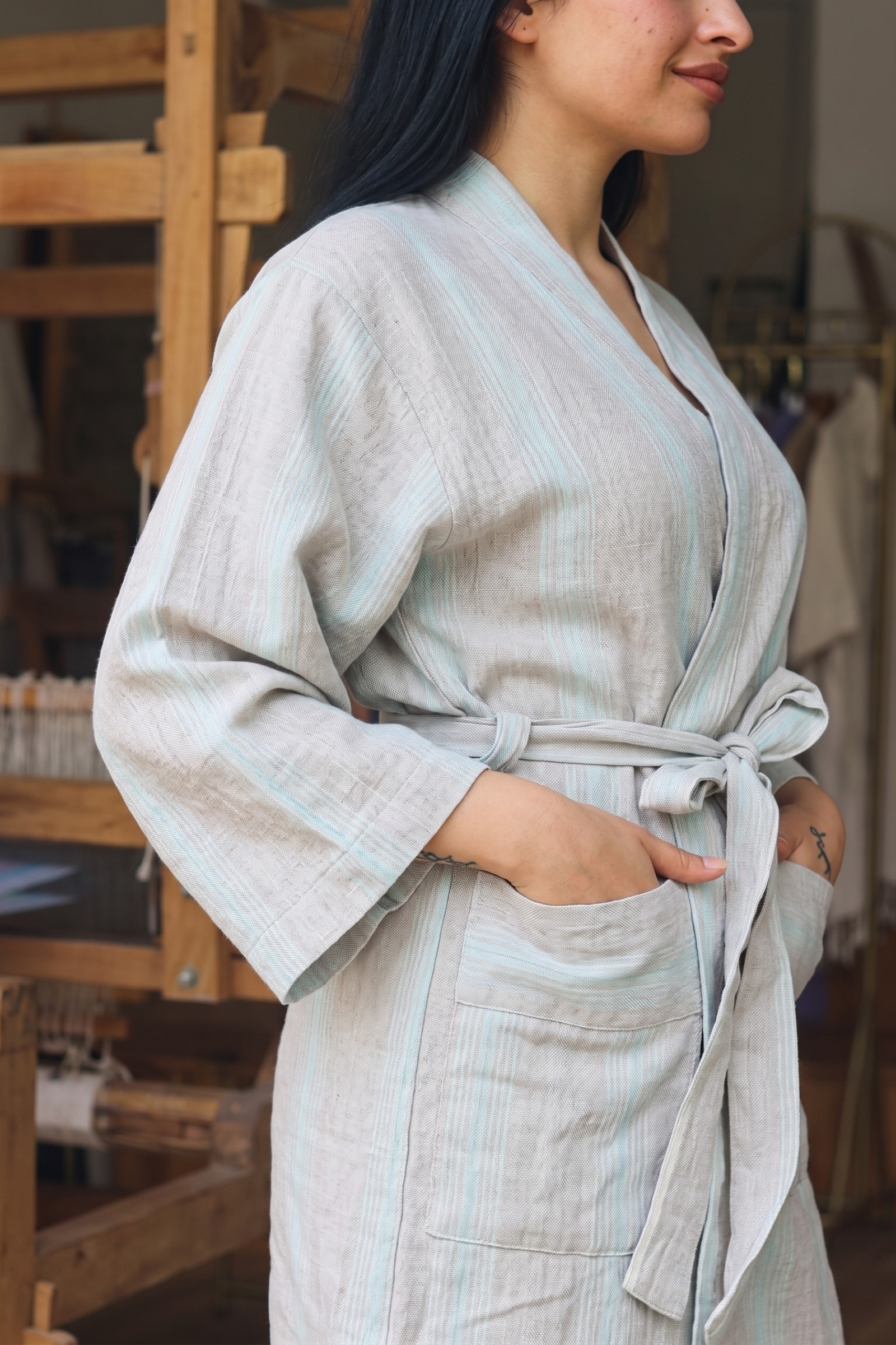 Gri Kalın Su Yeşili Çizgili Pamuk Kimono  Bahtiyar İpek Kimono
