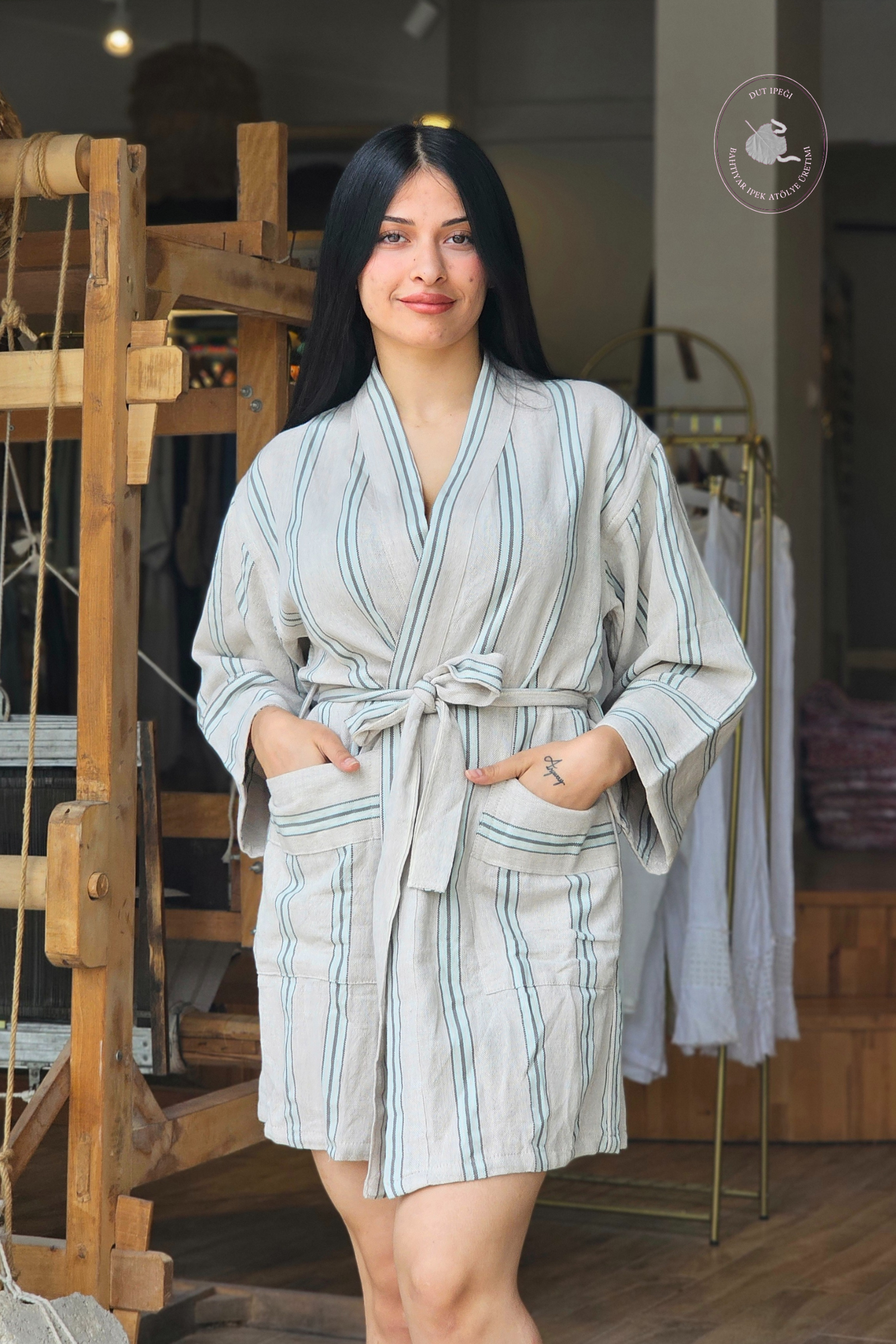 Gri Su Yeşili Siyah Çizgili Pamuk Kimono  Bahtiyar İpek Kimono