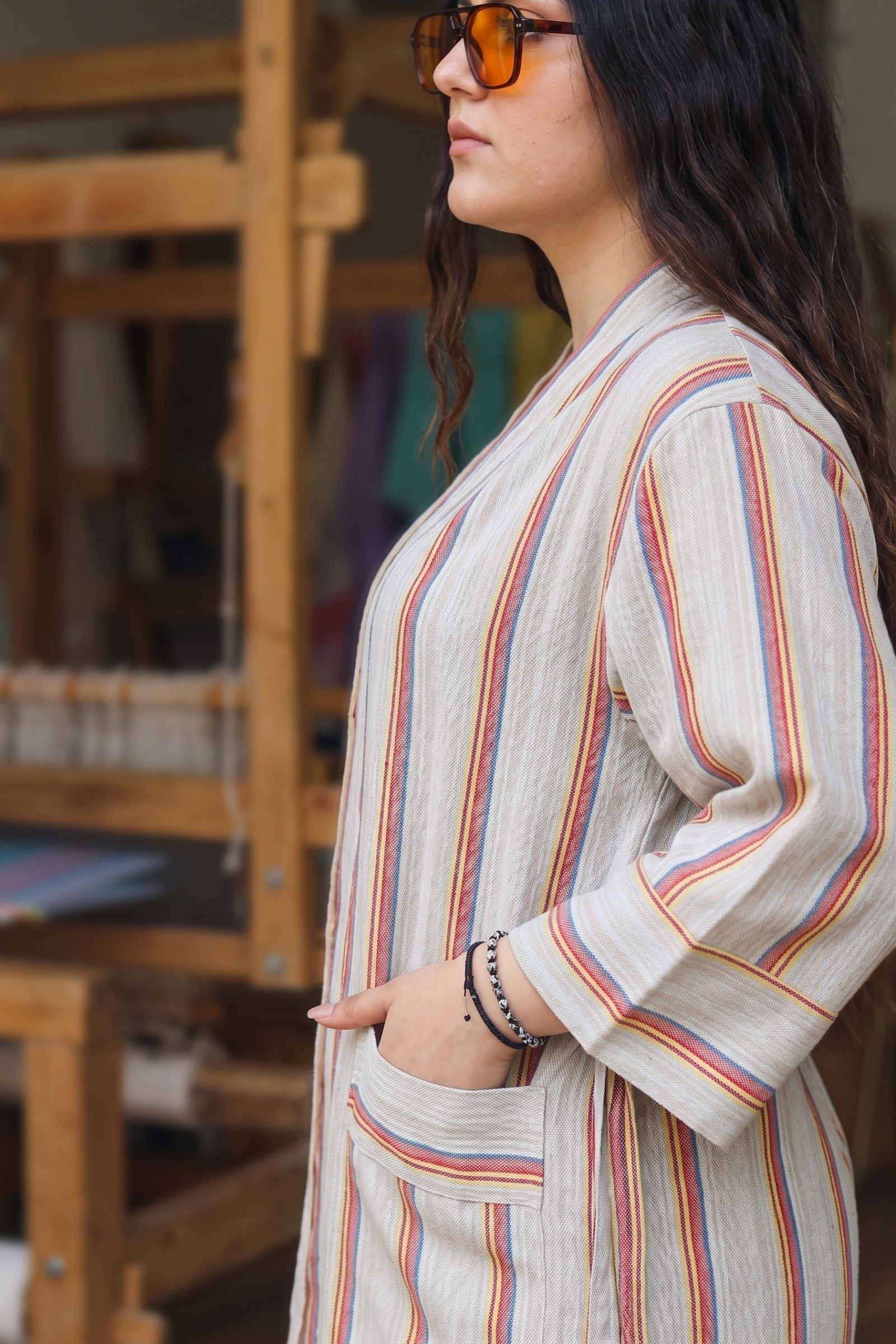 Gri Turuncu Kırmızı Çizgili Pamuk Kimono  Bahtiyar İpek Kimono