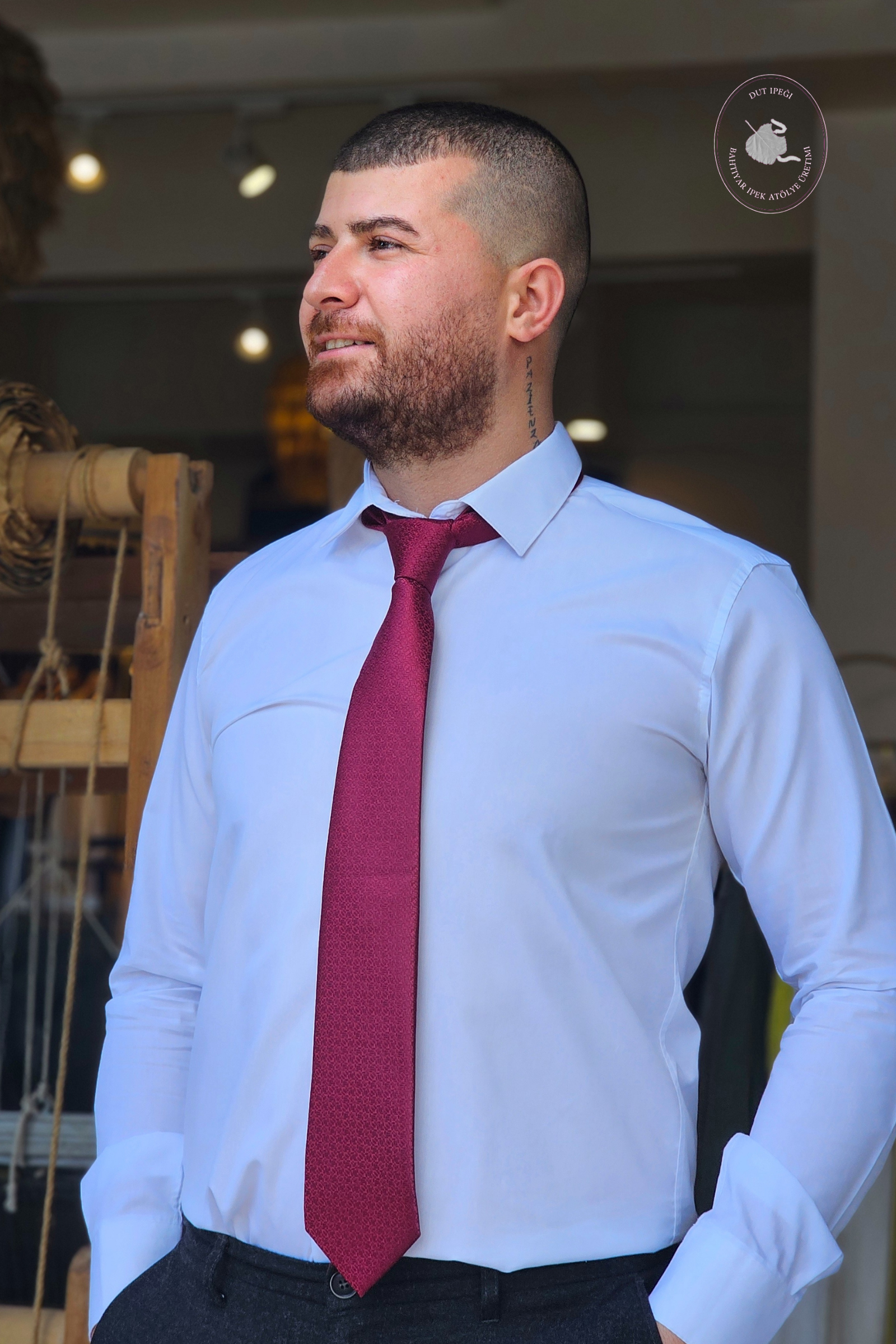 Kırmızı Kendinden Desenli Mendilli İpek Kravat  Bahtiyar İpek Kravat