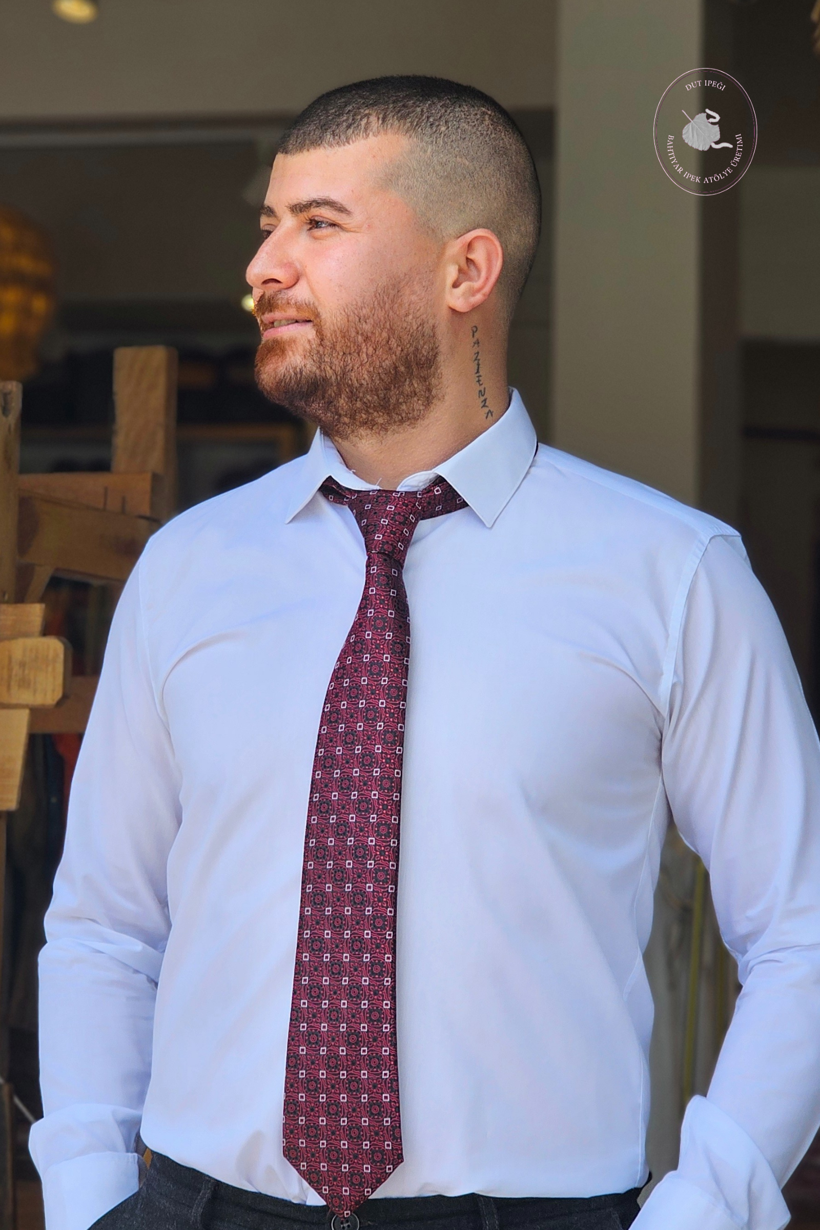 Kırmızı Kendinden Desenli Mendilli İpek Kravat  Bahtiyar İpek Kravat