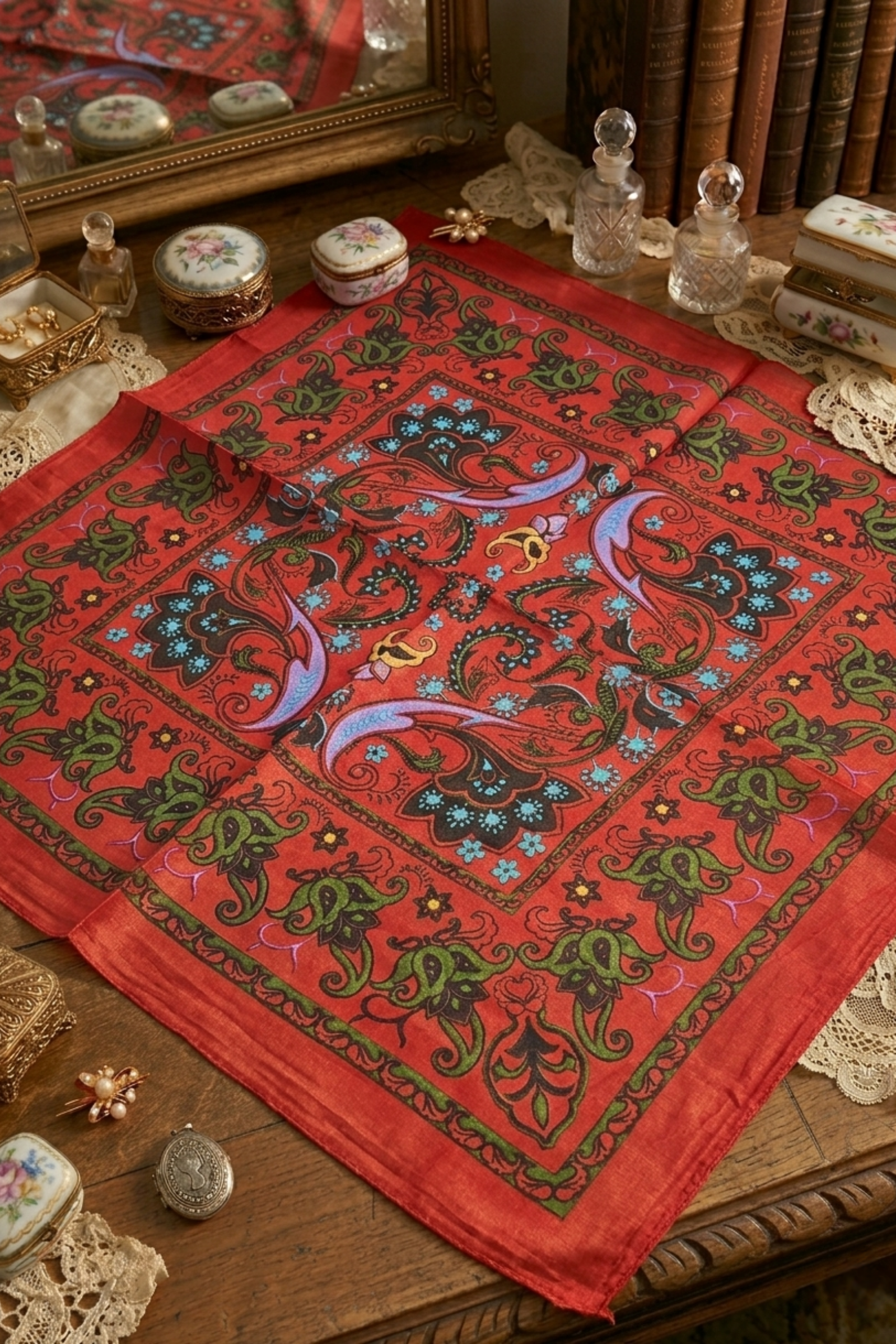 Kırmızı Rumi Desen İpek Fular  Bahtiyar İpek İpek Mendil