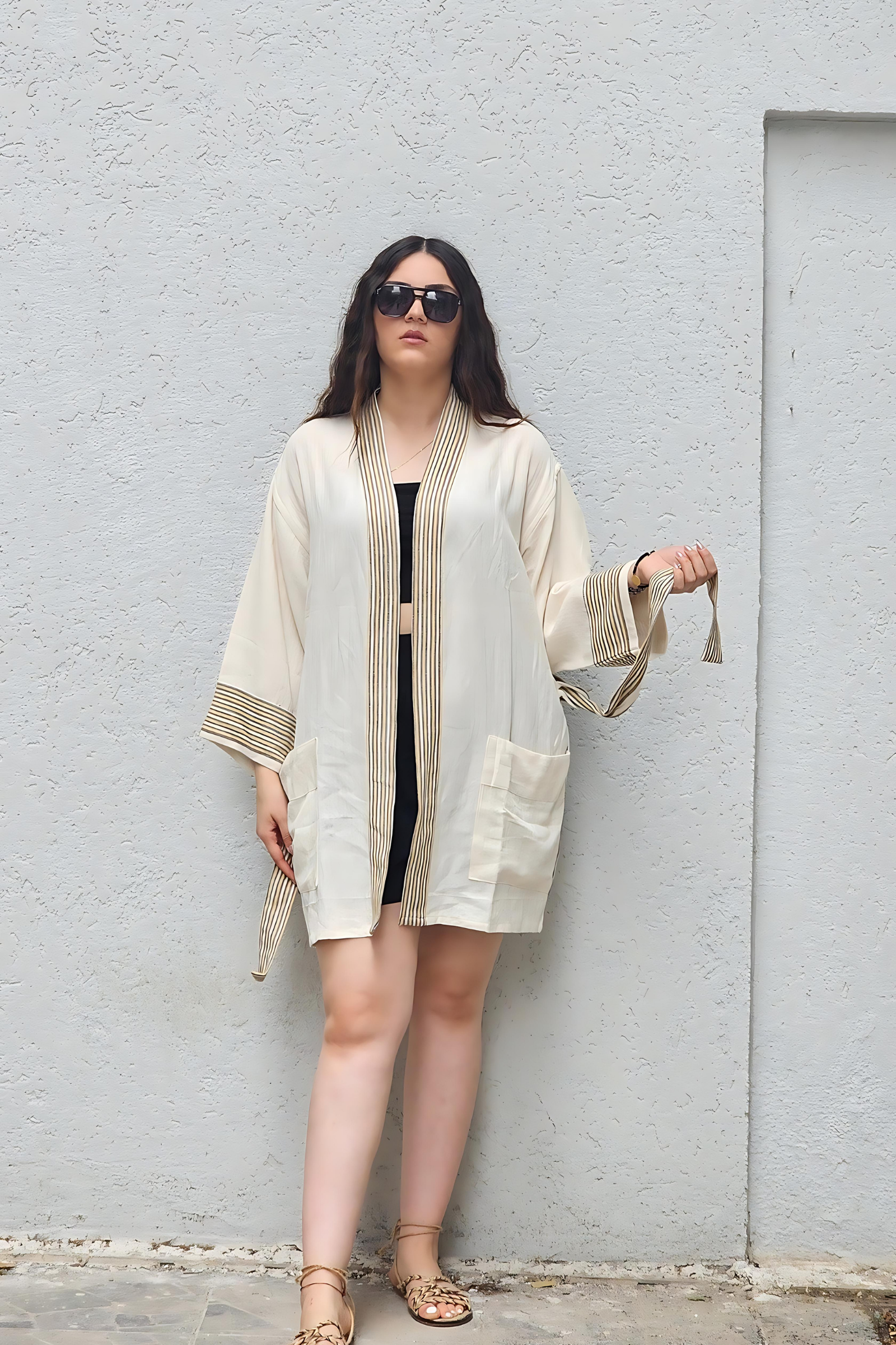 Krem Sarı Siyah Çizgili Keten Kimono  Bahtiyar İpek Kimono
