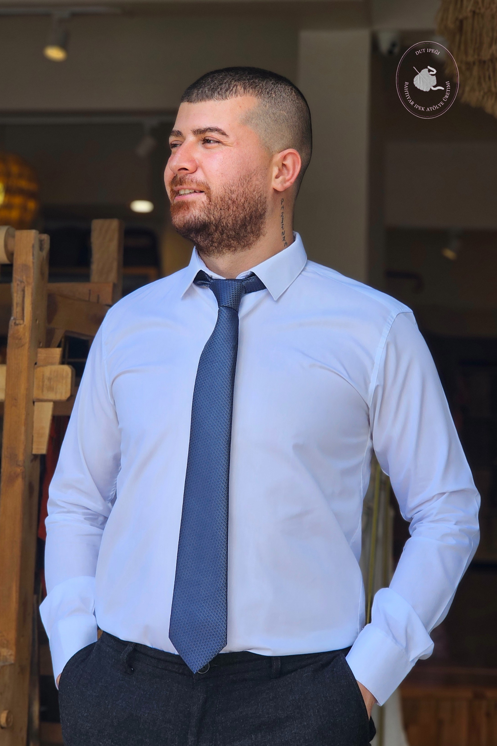 Lacivert Kendinden Desenli Mendilli İpek Kravat  Bahtiyar İpek Kravat