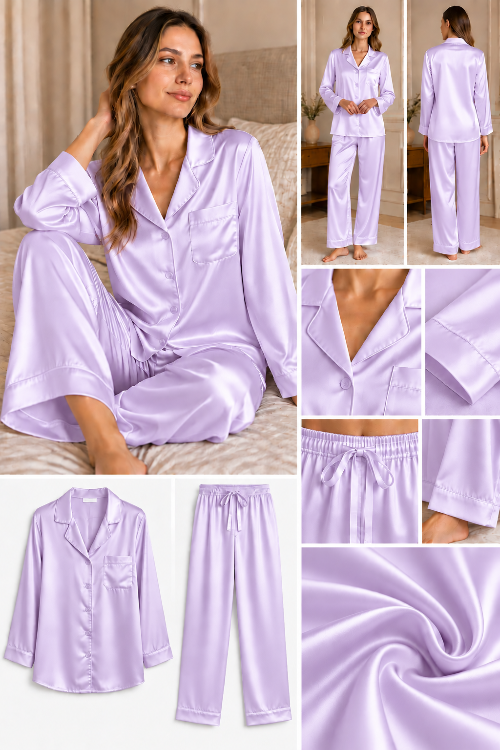 Lila Uuzun Kol İpek Pijama Takımı  Bahtiyar İpek İpek Pijama Takımı