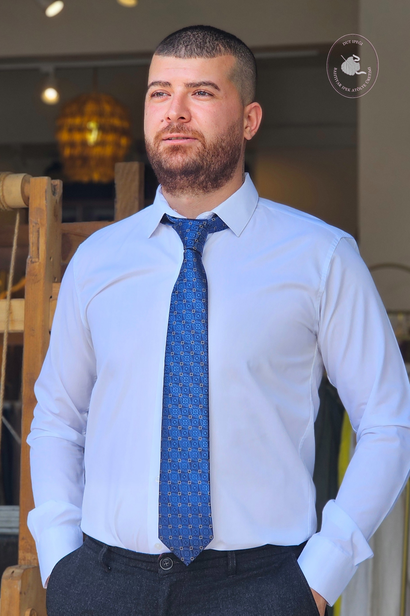 Mavi Kendinden Desenli İpek Mendilli Kravat  Bahtiyar İpek Kravat