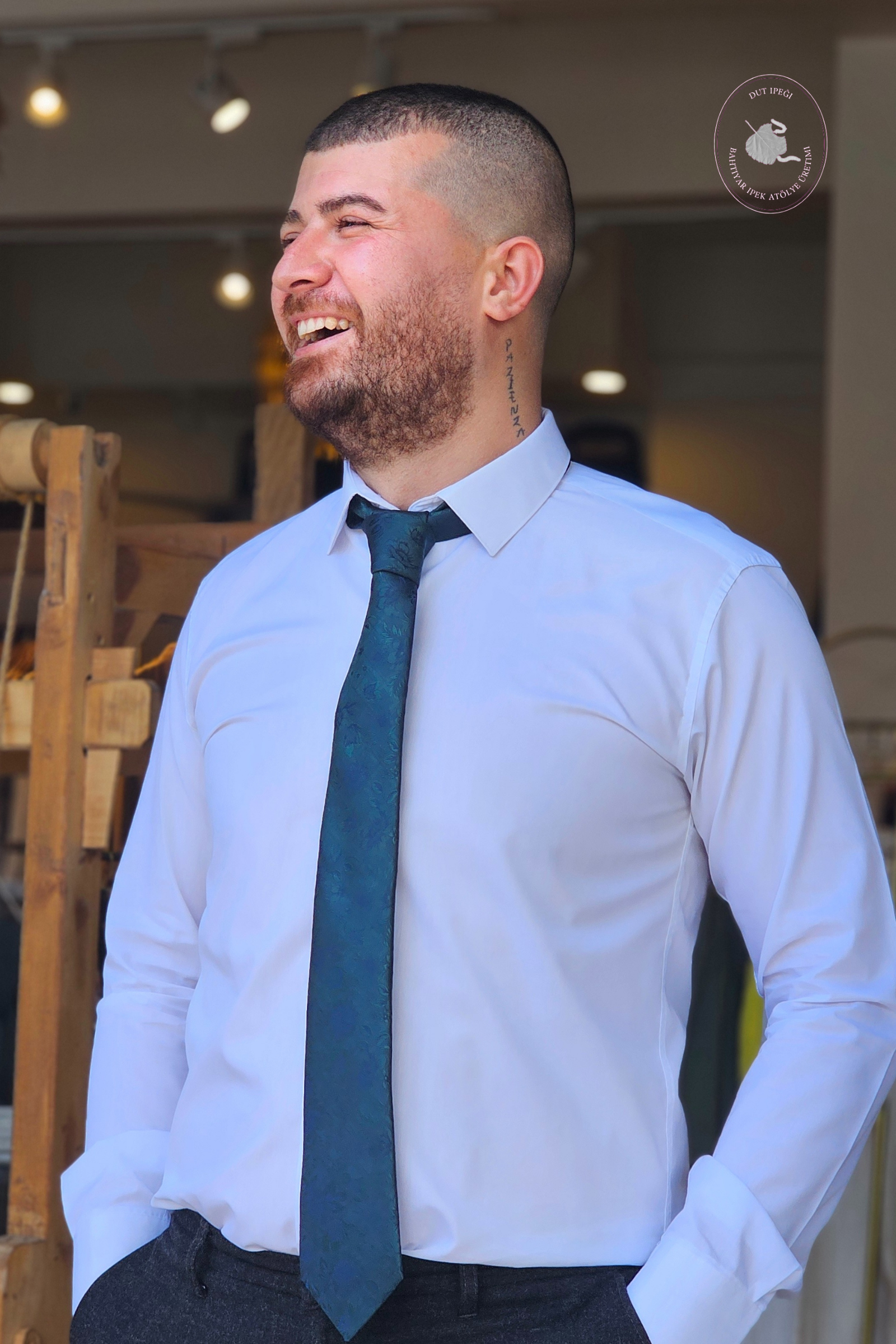Mavi Kendinden Desenli Mendilli İpek Kravat  Bahtiyar İpek Kravat