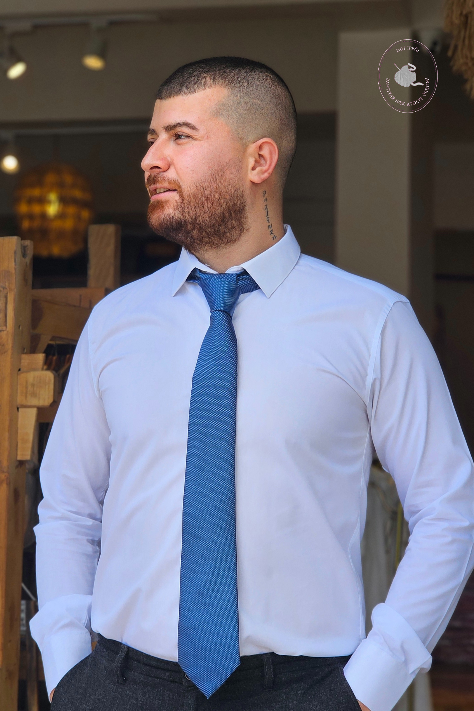 Mavi Kendinden Desenli Mendilli İpek Kravat  Bahtiyar İpek Kravat