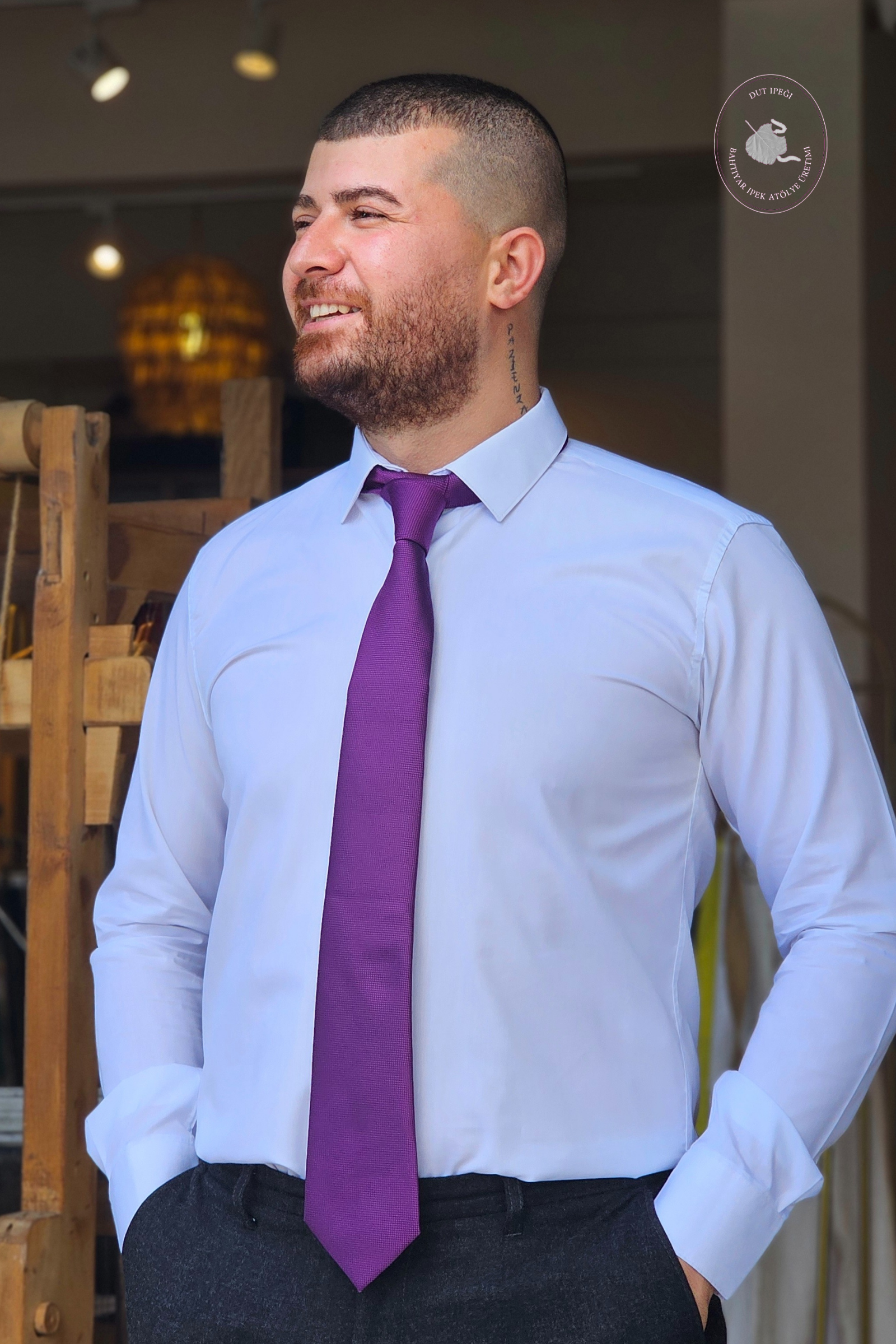 Mor Kendinden Desenli Mendilli İpek Kravat  Bahtiyar İpek Kravat