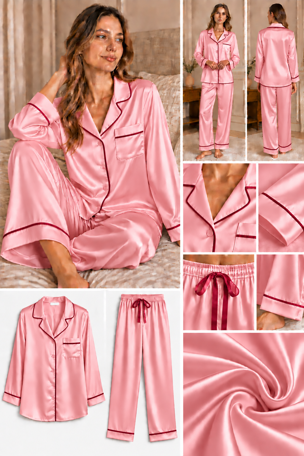 Pembe Bordo Biyeli Uzun Kol İpek Pijama Takımı  Bahtiyar İpek İpek Pijama Takımı