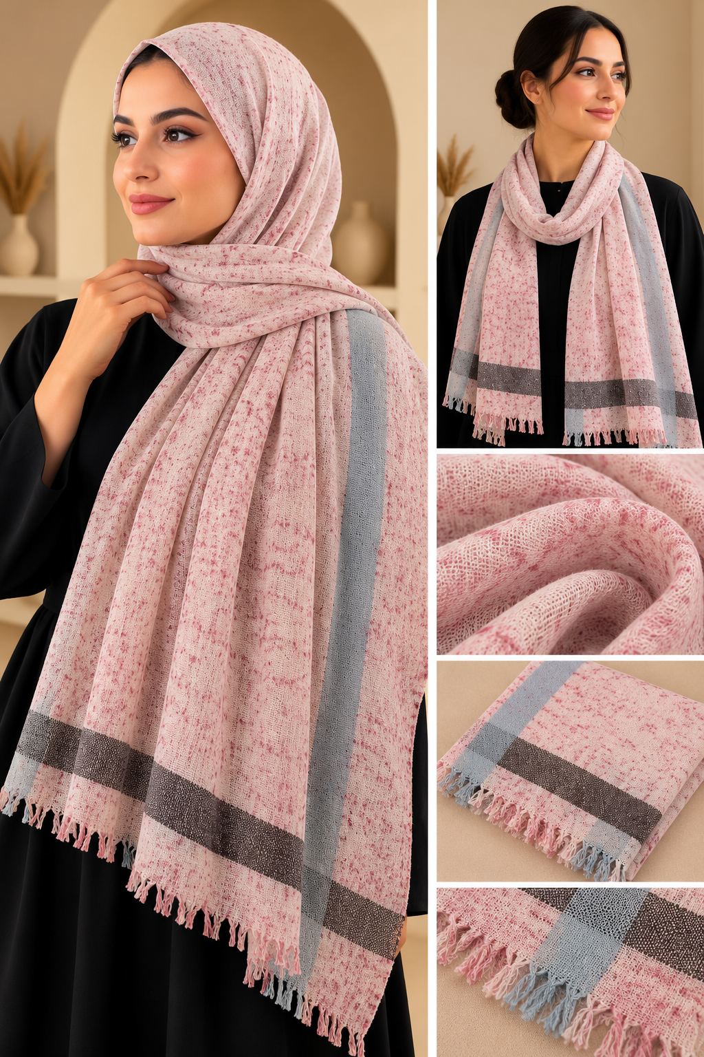 Pembe Çizgili Kaşmir İpek Şal  Bahtiyar İpek Şal