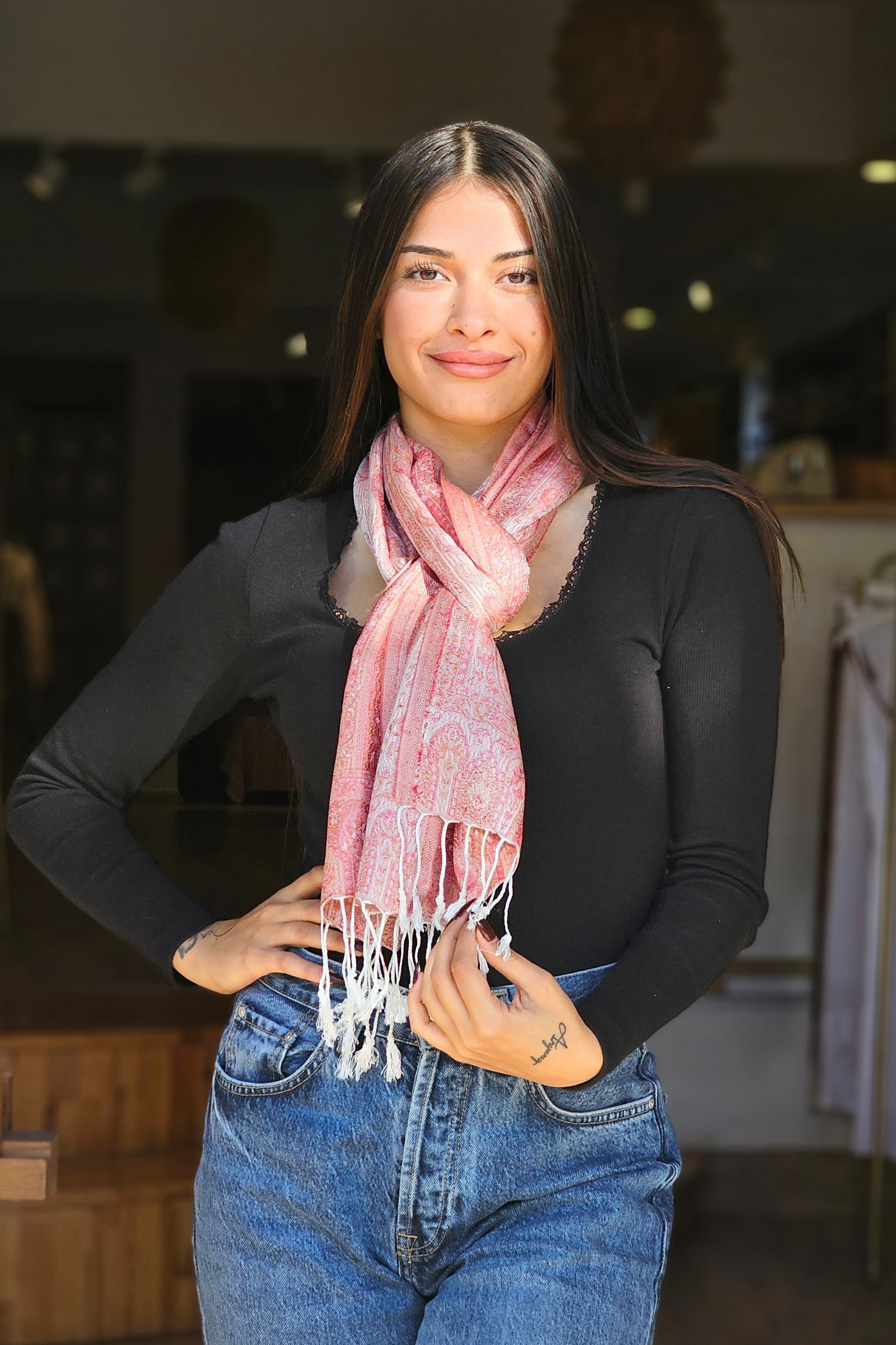 Pembe Jakarlı İpek Fular  Bahtiyar İpek Fular