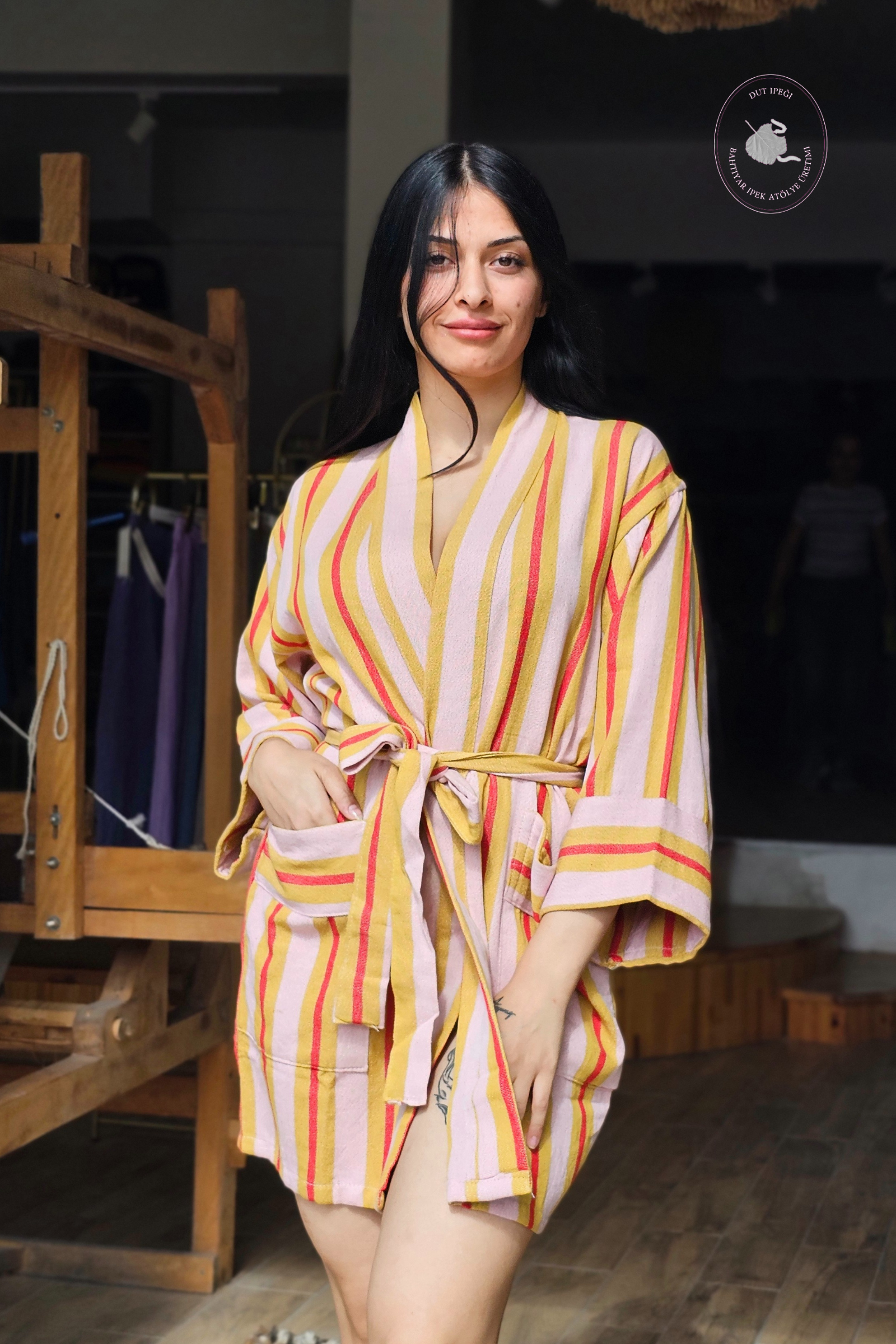 Pembe Sarı Çizgili Keten Kimono  Bahtiyar İpek Kimono