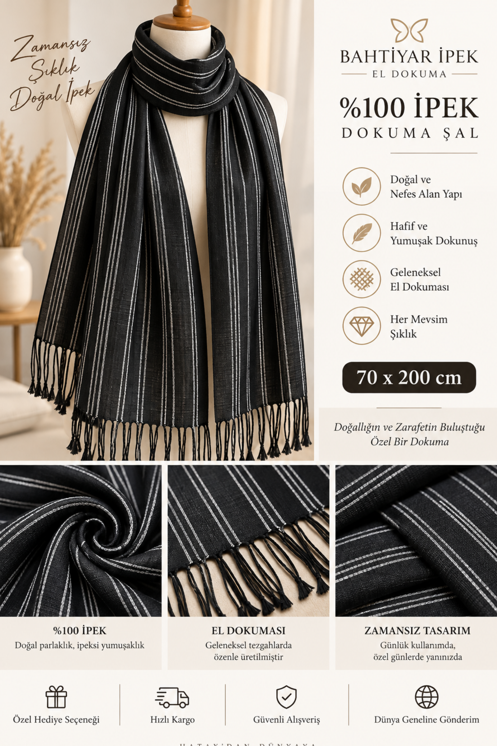 Premium Siyah Çizgili Dut İpeği Dokuma Şal  Bahtiyar İpek Şal