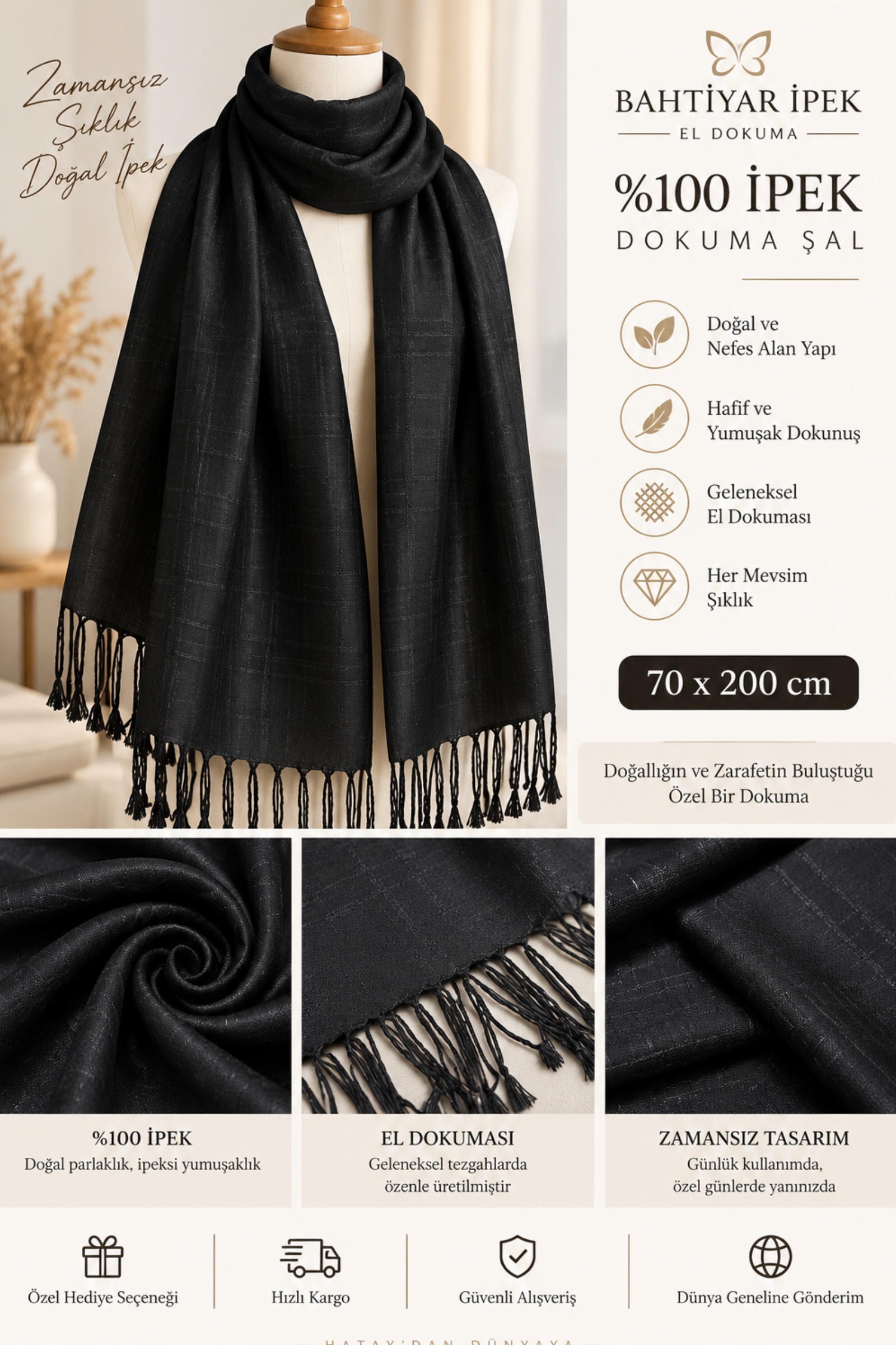 Premium Siyah Dut İpeği Dokuma Şal  Bahtiyar İpek Şal