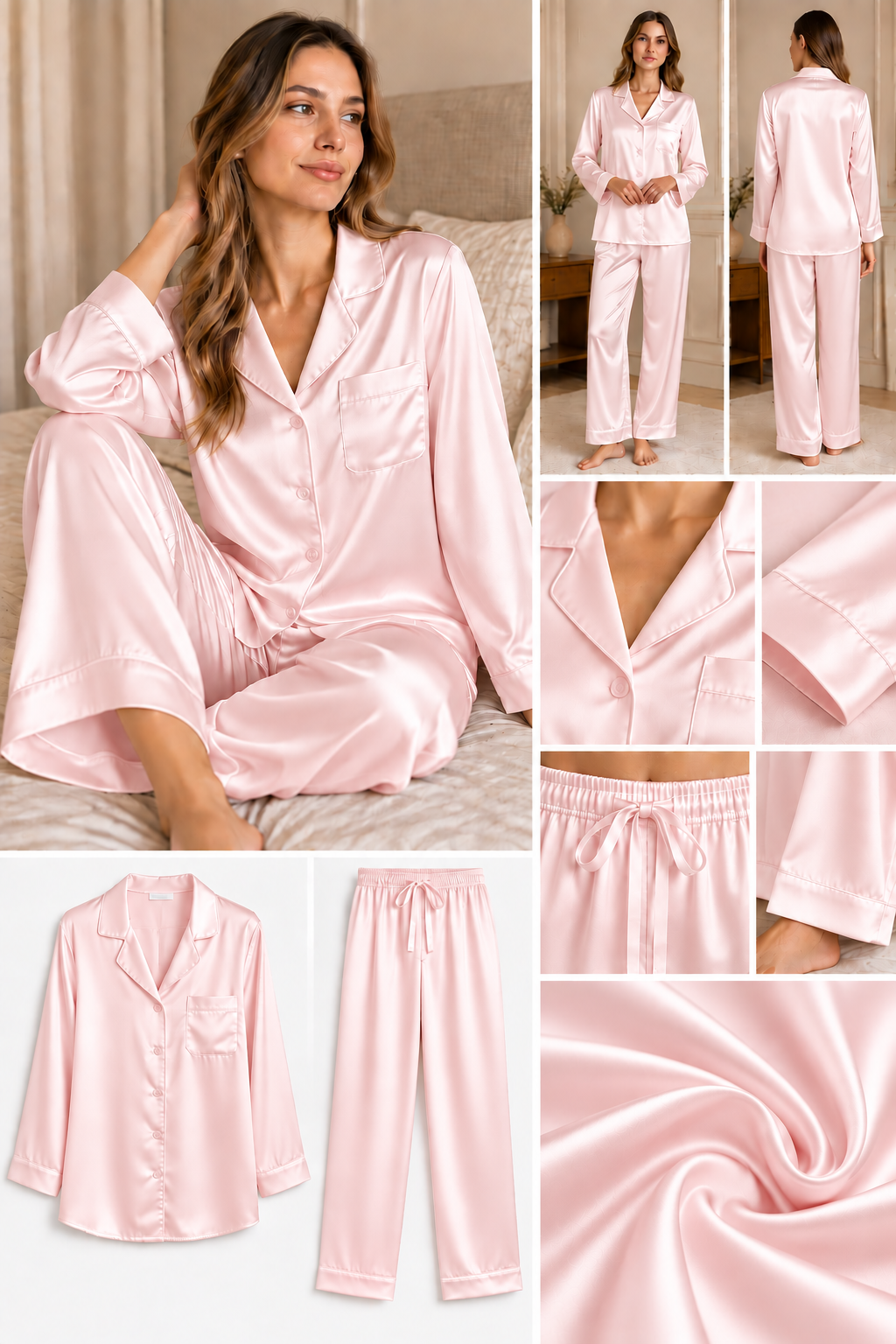 Pudra Pembesi Uzun Kol İpek Pijama Takımı  Bahtiyar İpek İpek Pijama Takımı
