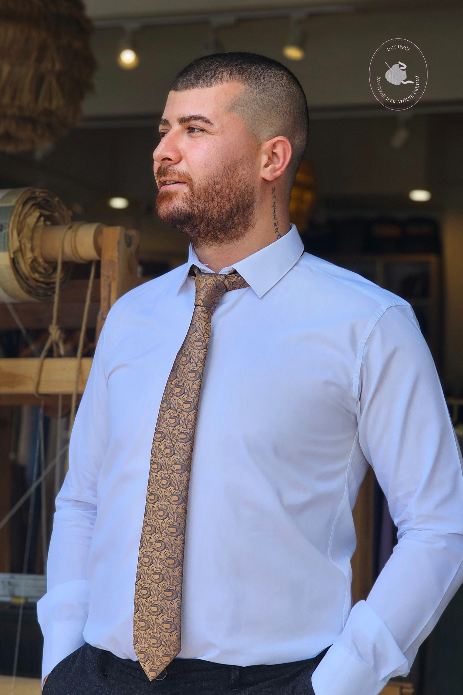 Sarı Kendinden Desenli Mendilli İpek Kravat  Bahtiyar İpek Kravat