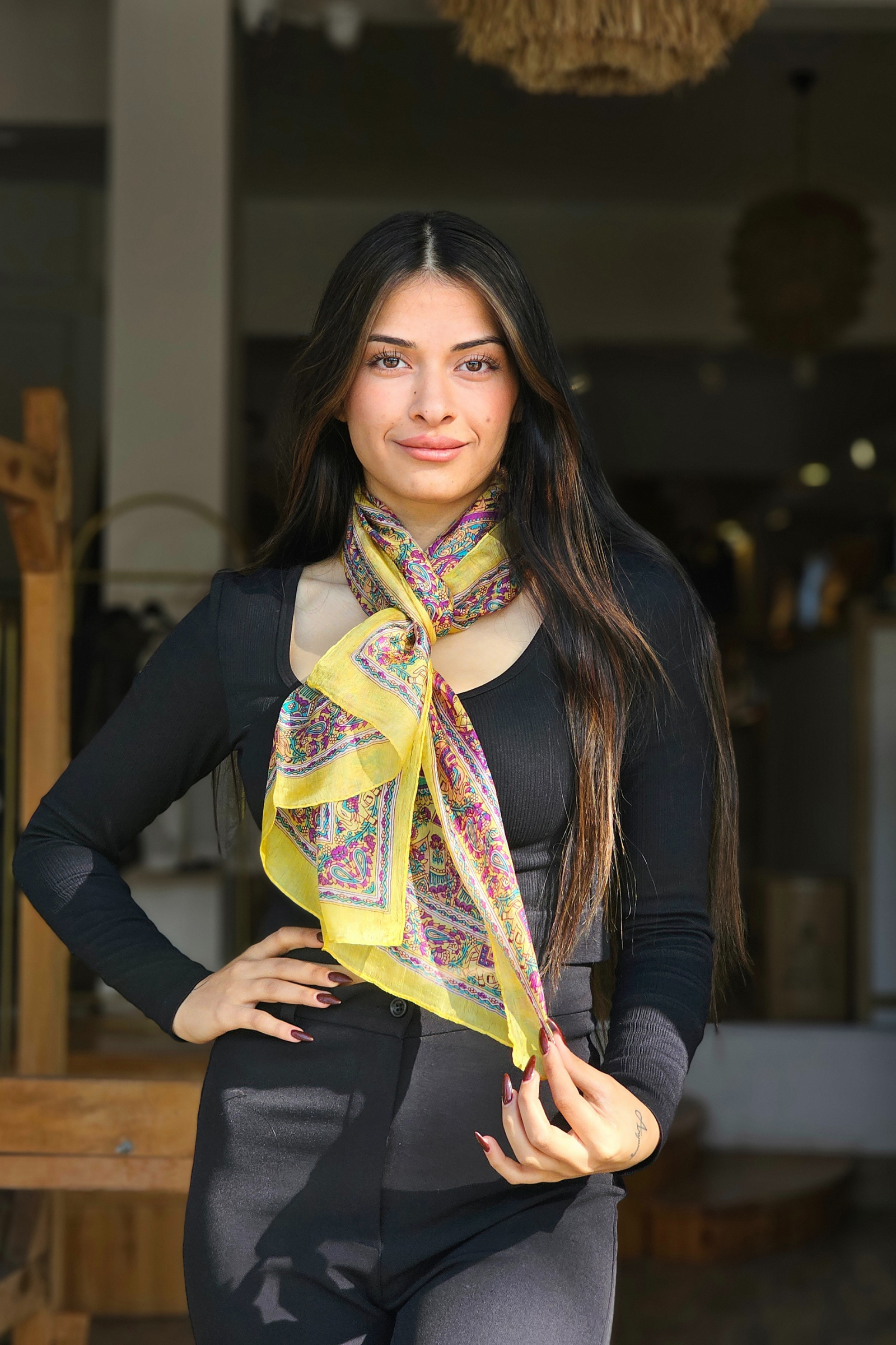 Sarı Pembe Desenli İpek Fular  Bahtiyar İpek Fular